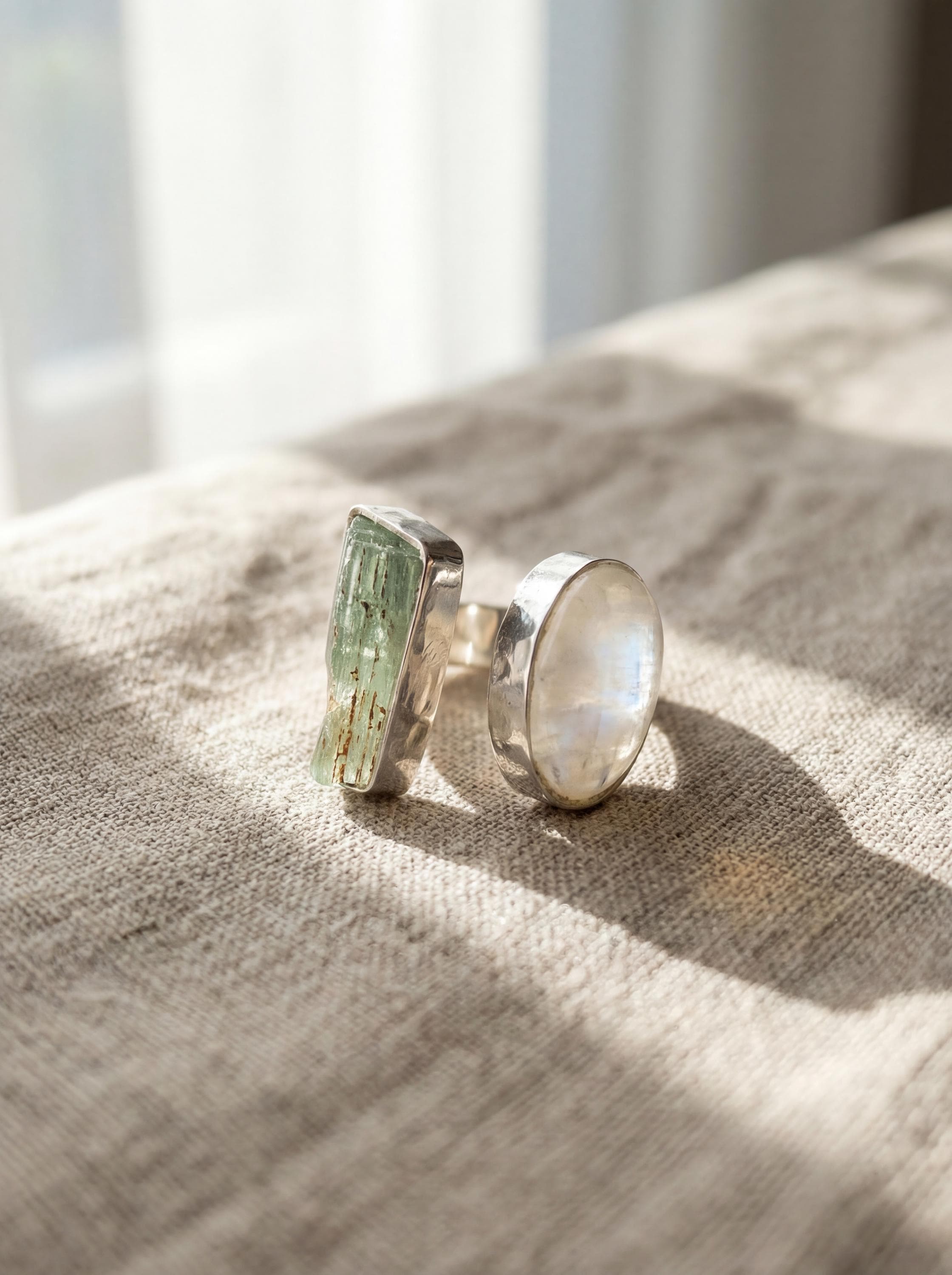 Raw Aquamarine Moonstone Ring, Hammered Sterling Silver Statement Jewelry