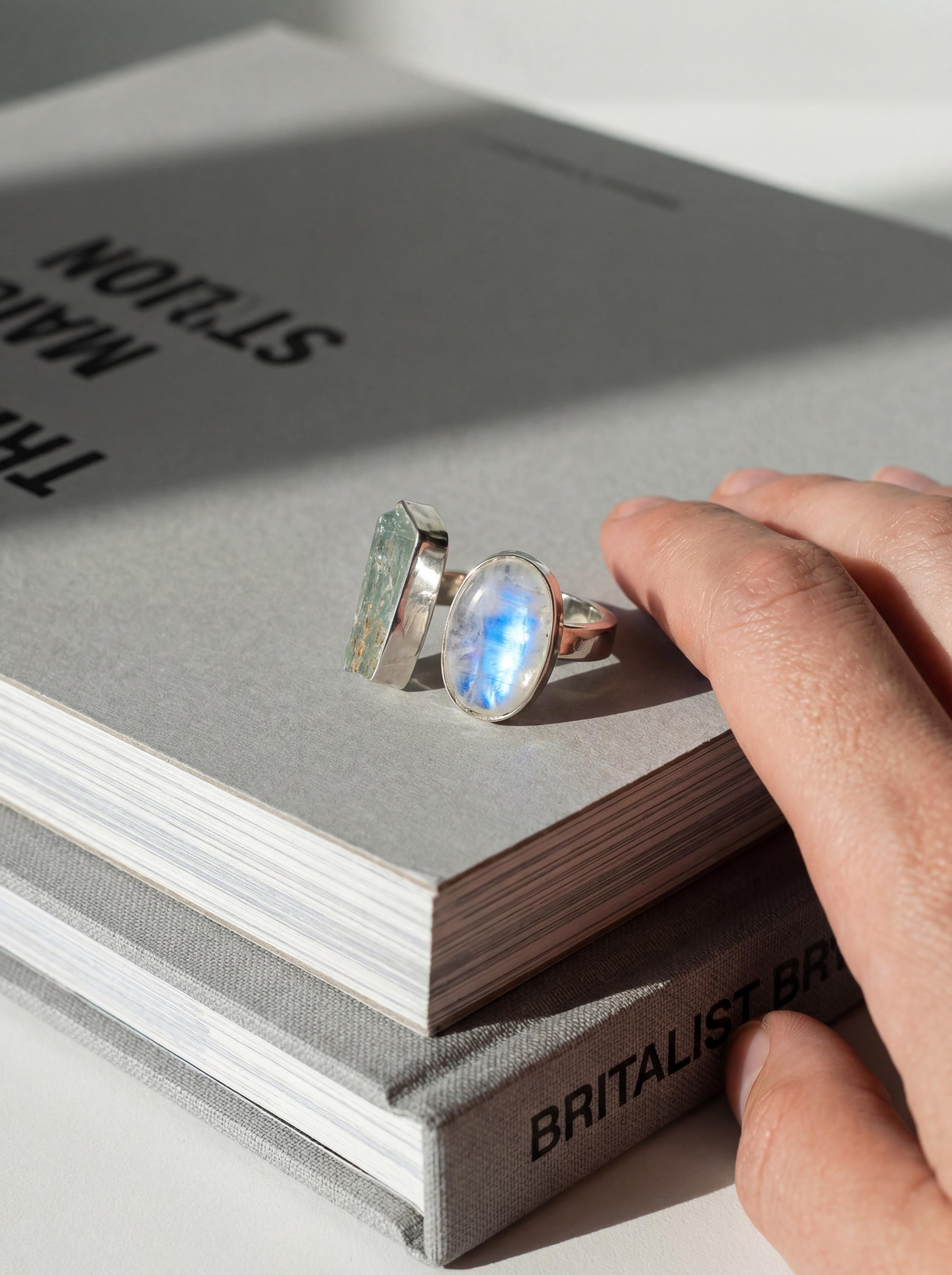 Raw Aquamarine Moonstone Ring, Hammered Sterling Silver Statement Jewelry