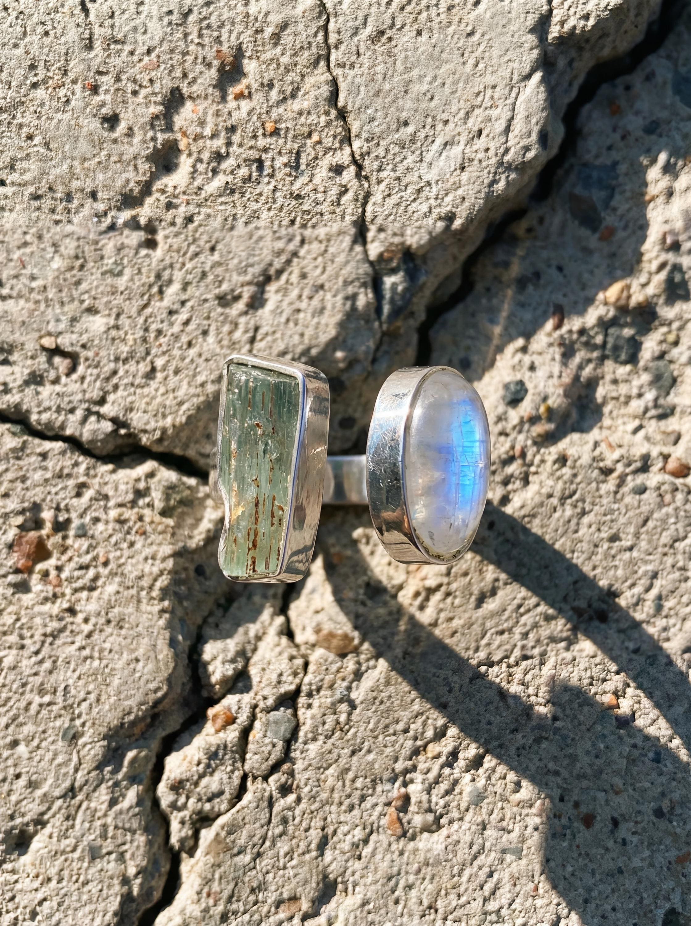 Raw Aquamarine Moonstone Ring, Hammered Sterling Silver Statement Jewelry