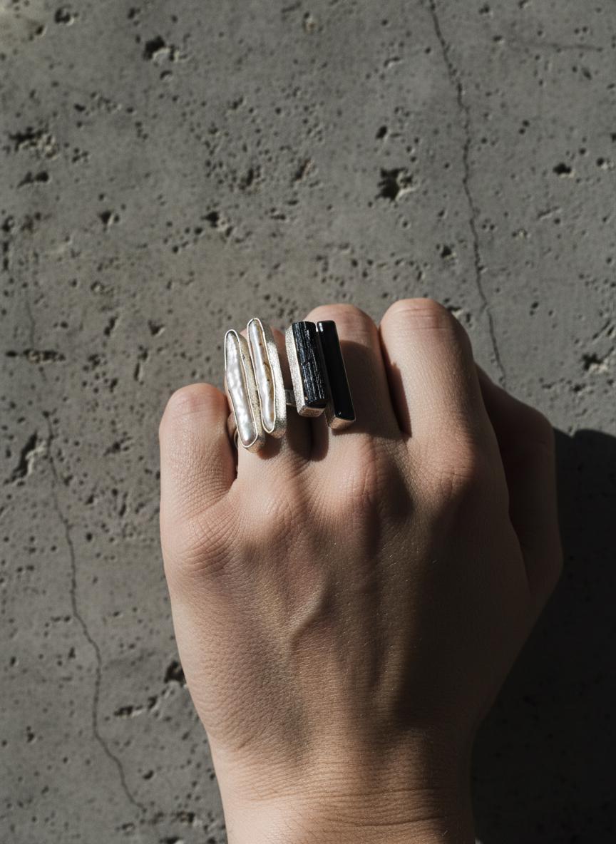 Pearl Black Tourmaline Ring 925 Sterling Silver Adjustable Organic Textured Band Heart Root Chakra Gif