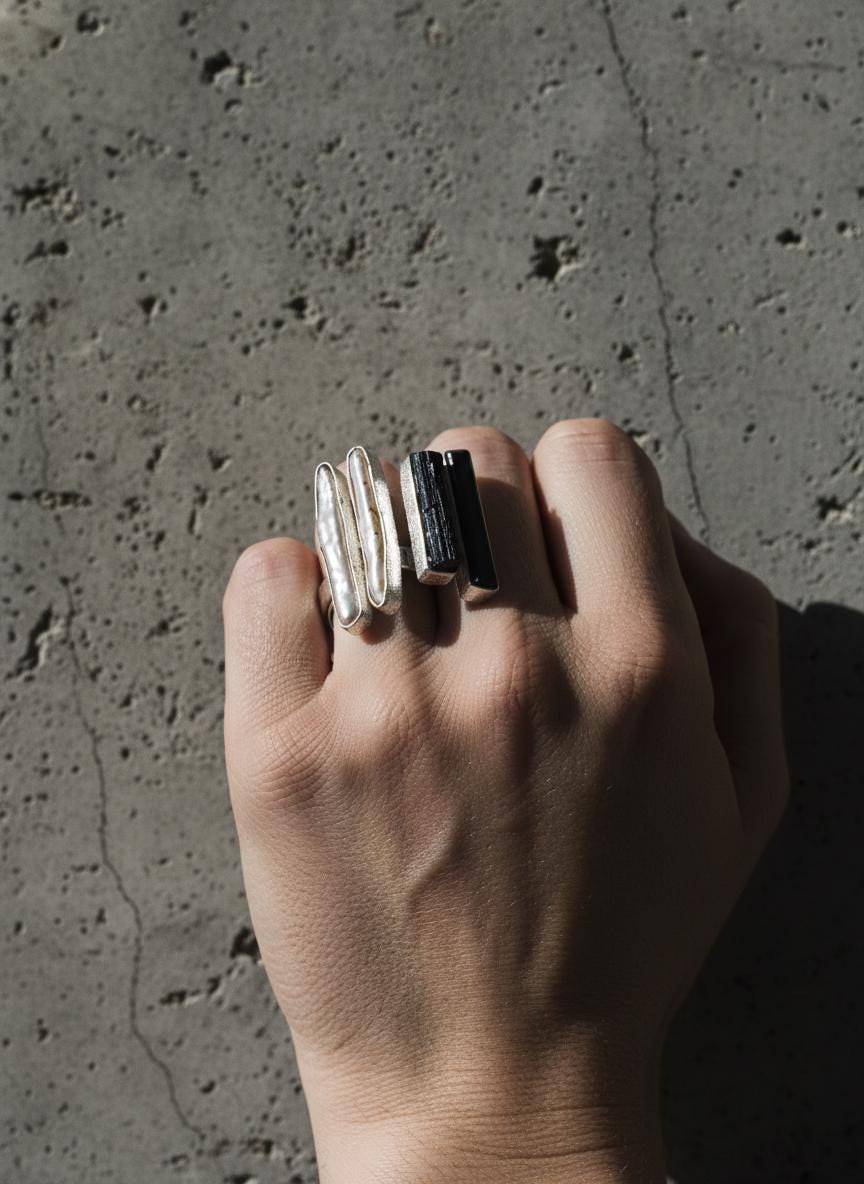 Pearl Black Tourmaline Ring 925 Sterling Silver Adjustable Organic Textured Band Heart Root Chakra Gif