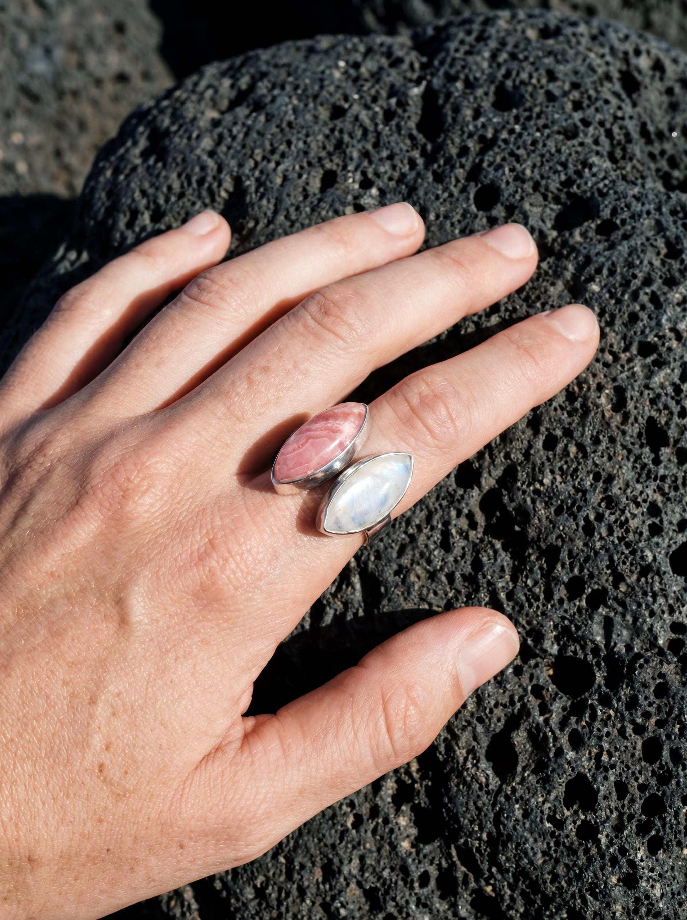 Rhodochrosite Moonstone Ring 925 Silver Adjustable Open Ring Hammered Texture Pink Blue Statement Jewelry