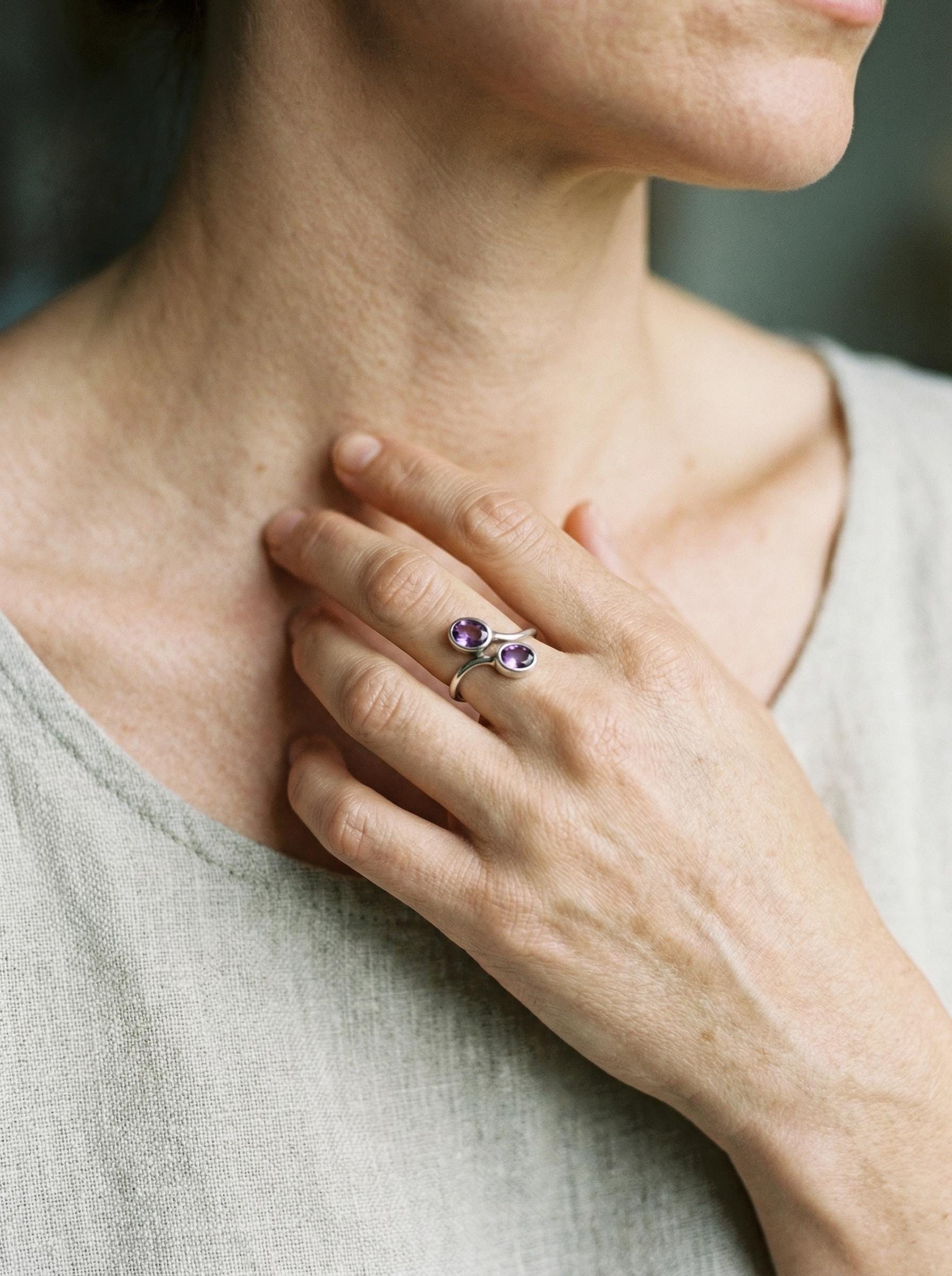 Twin Amethyst Ring Sterling Silver Adjustable Open Band Faceted Oval Purple Quartz Pisces Aquarius Gift