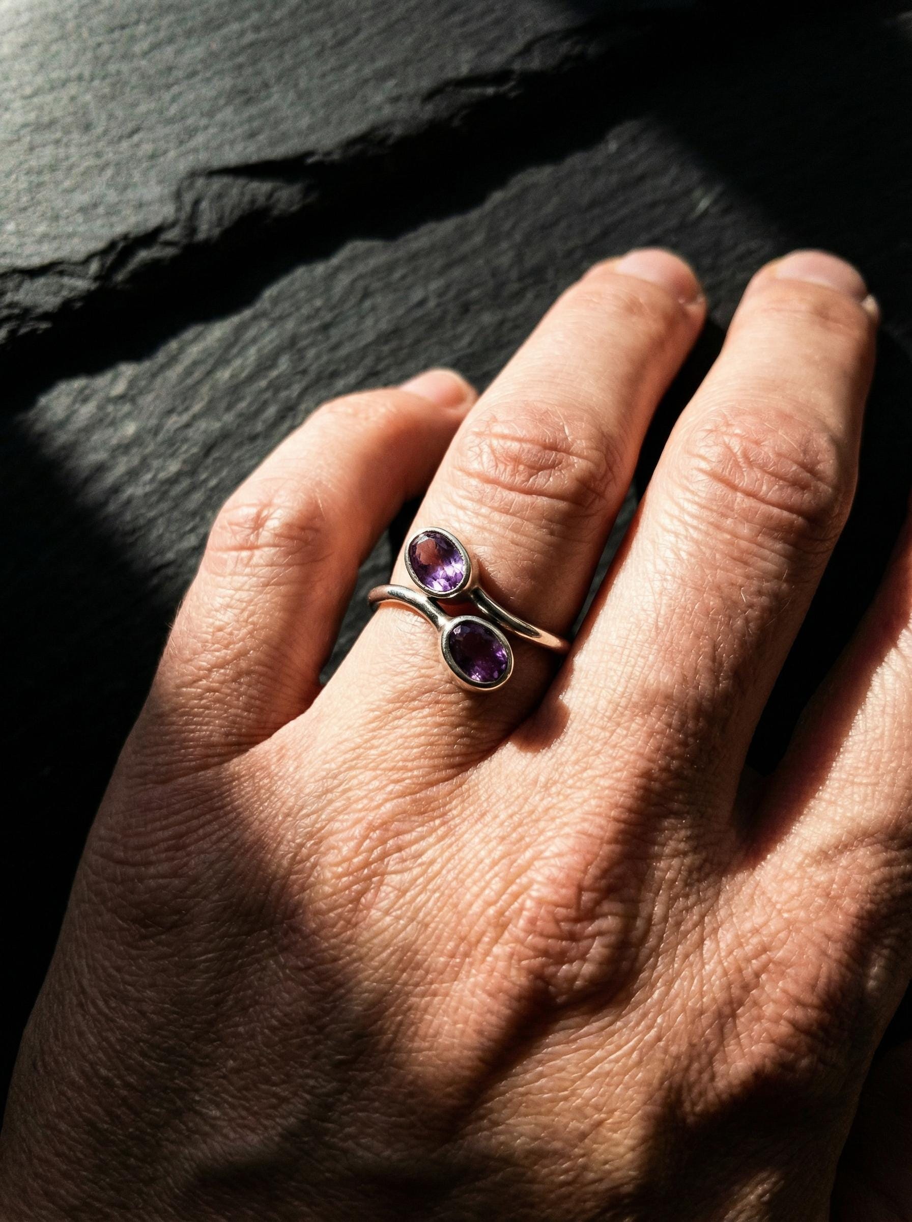 Twin Amethyst Ring Sterling Silver Adjustable Open Band Faceted Oval Purple Quartz Pisces Aquarius Gift