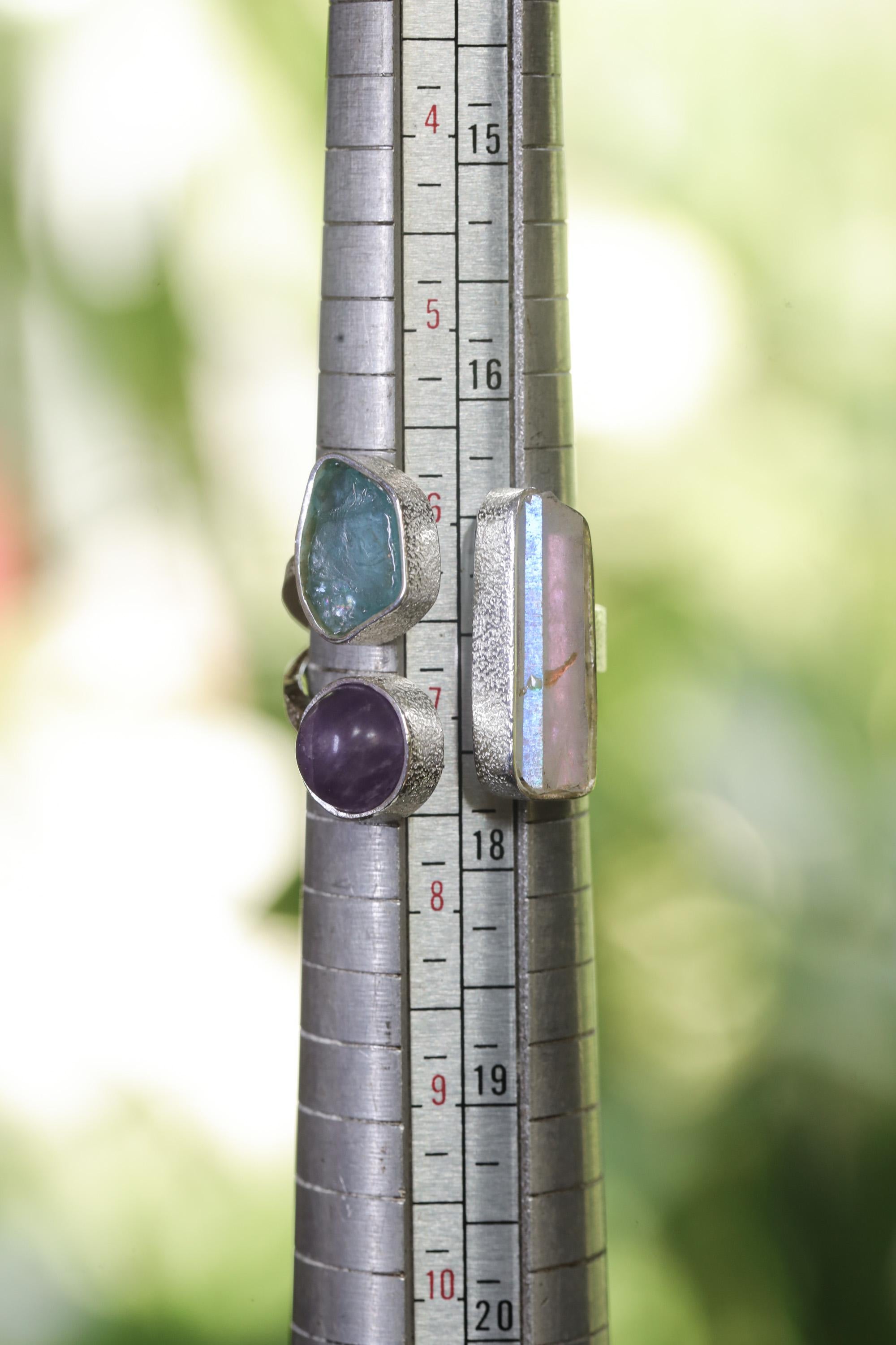 Sterling Silver Multi Stone Ring: Angel Aura, Blue Apatite, Amethyst – Adjustable Band