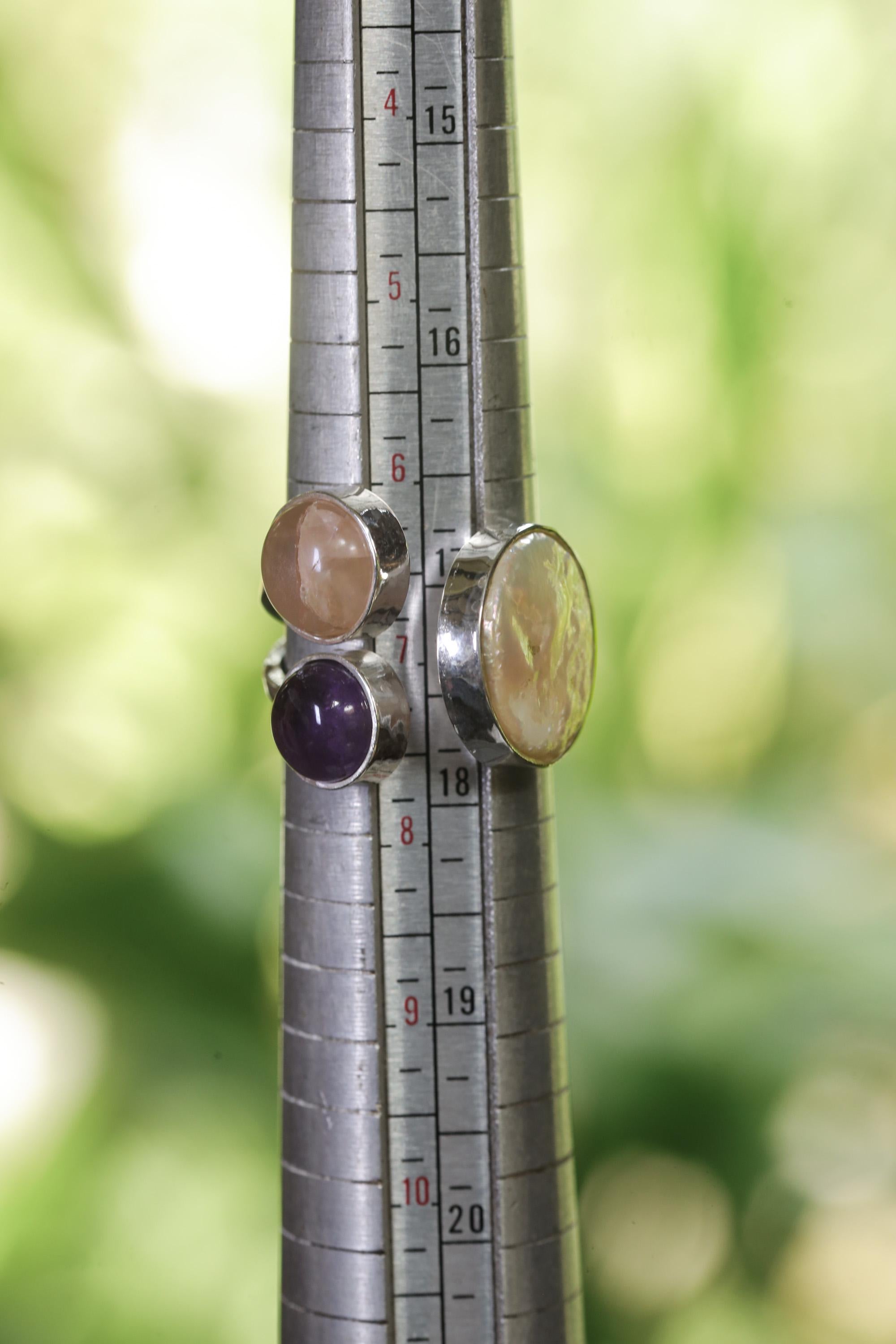 Hammered Sterling Silver Multi Stone Ring: Pearl, Amethyst, Rose Quartz Calm Clarity Jewelry