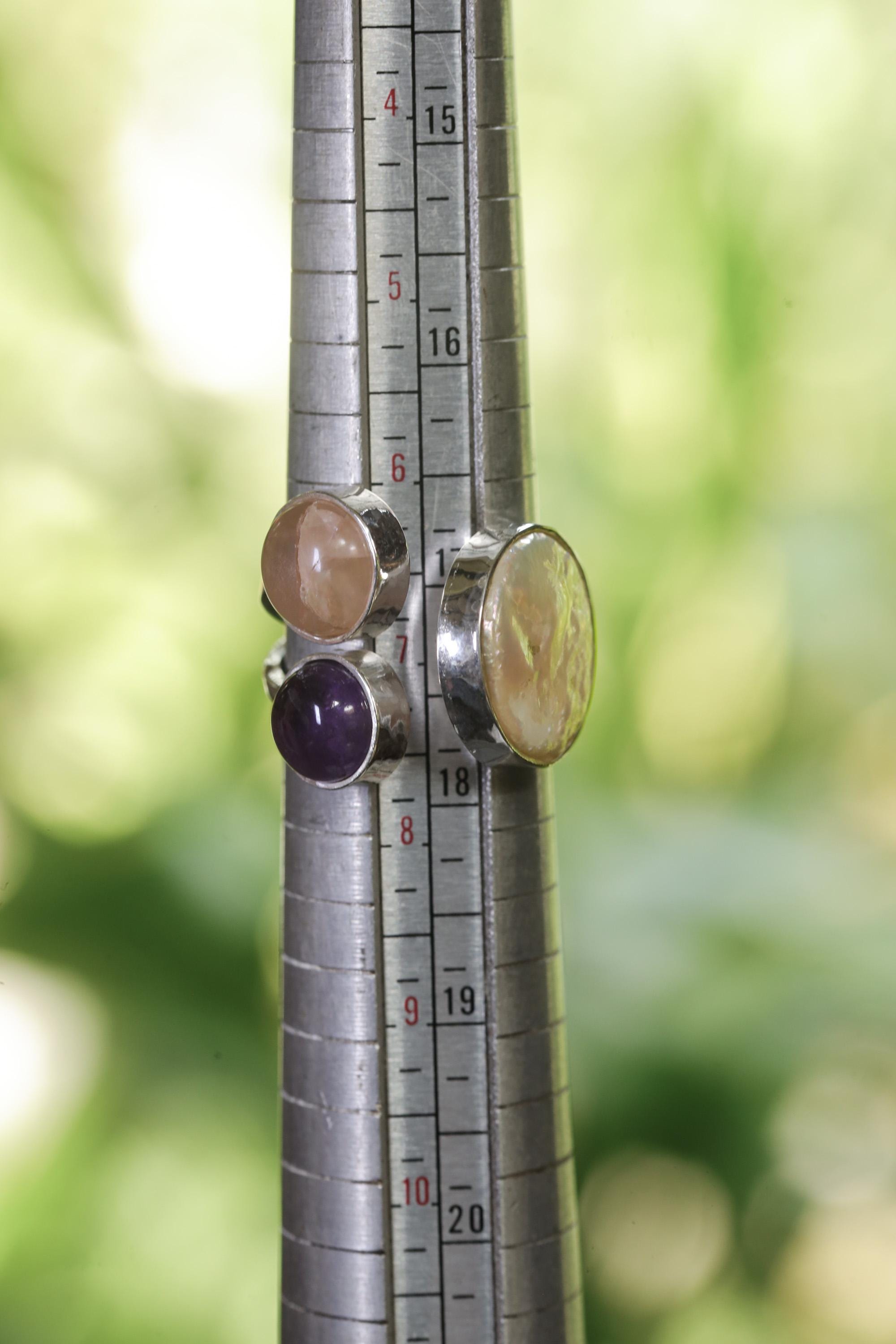 Multi Stone Silver Ring Pearl Amethyst Rose Quartz Adjustable Open Band Soft Pastel Crystal Jewelry Gift