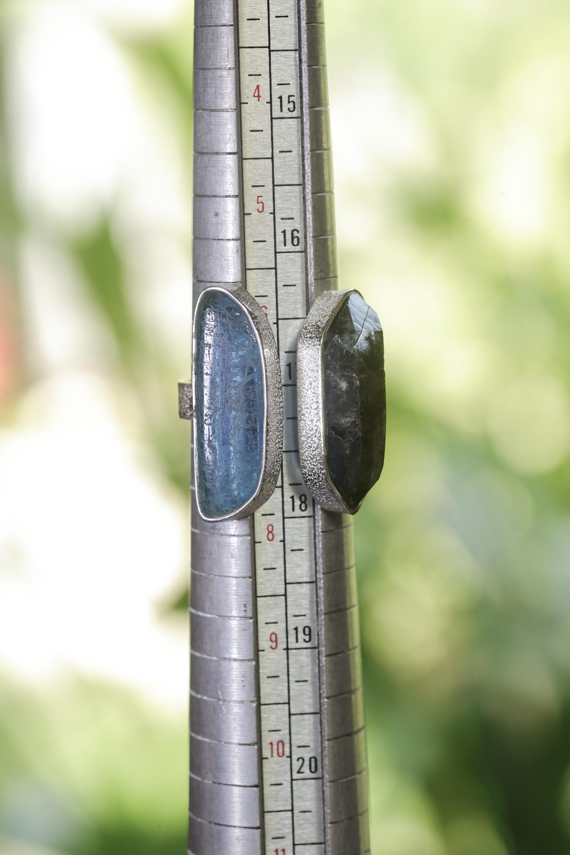 Morella Smoky Quartz Aquamarine Ring 925 Sterling Silver Adjustable Organic Textured Band Root Throat Chakra Gift