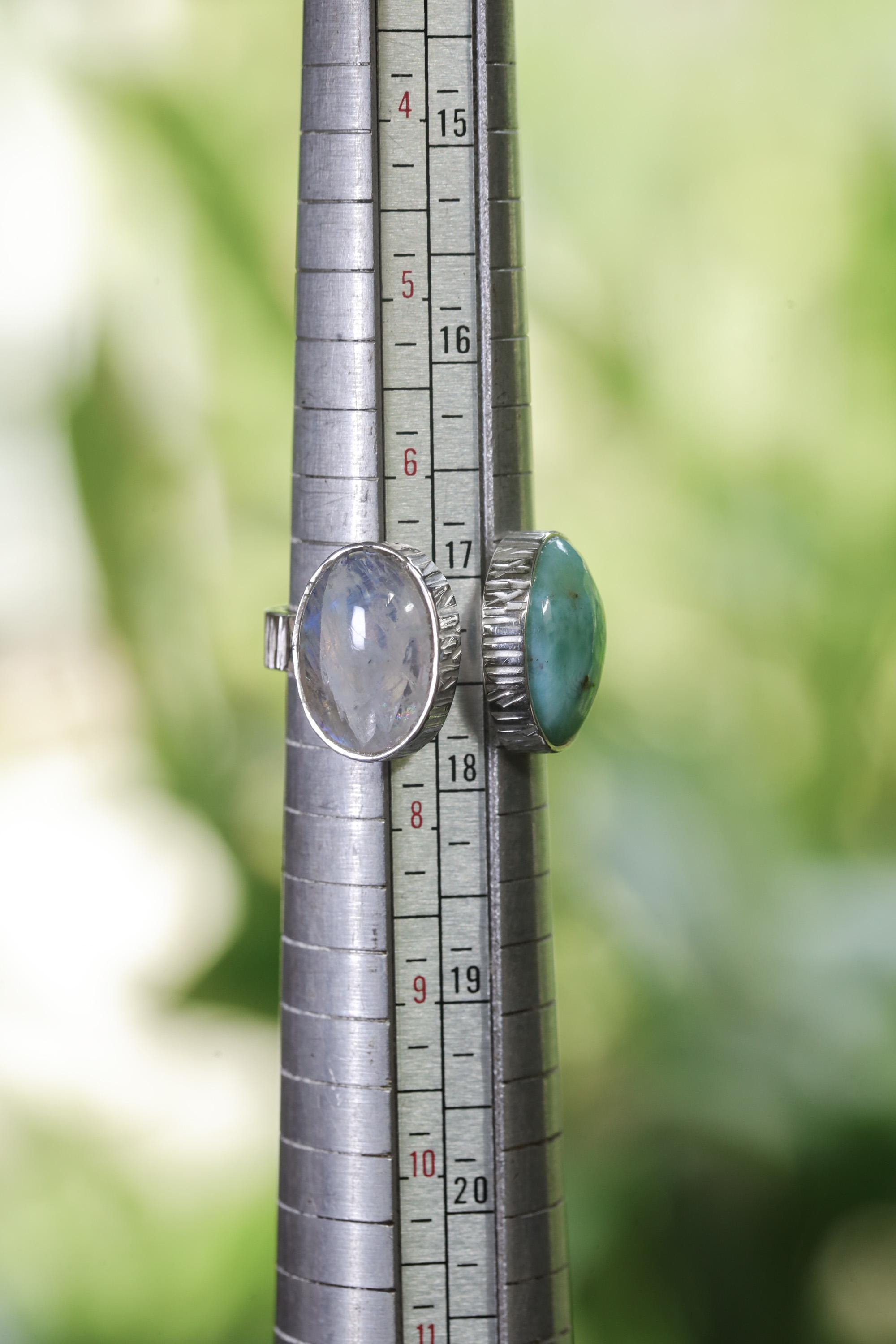 Larimar Blue Moonstone Ring 925 Silver Adjustable Open Dual Stone Statement Jewelry