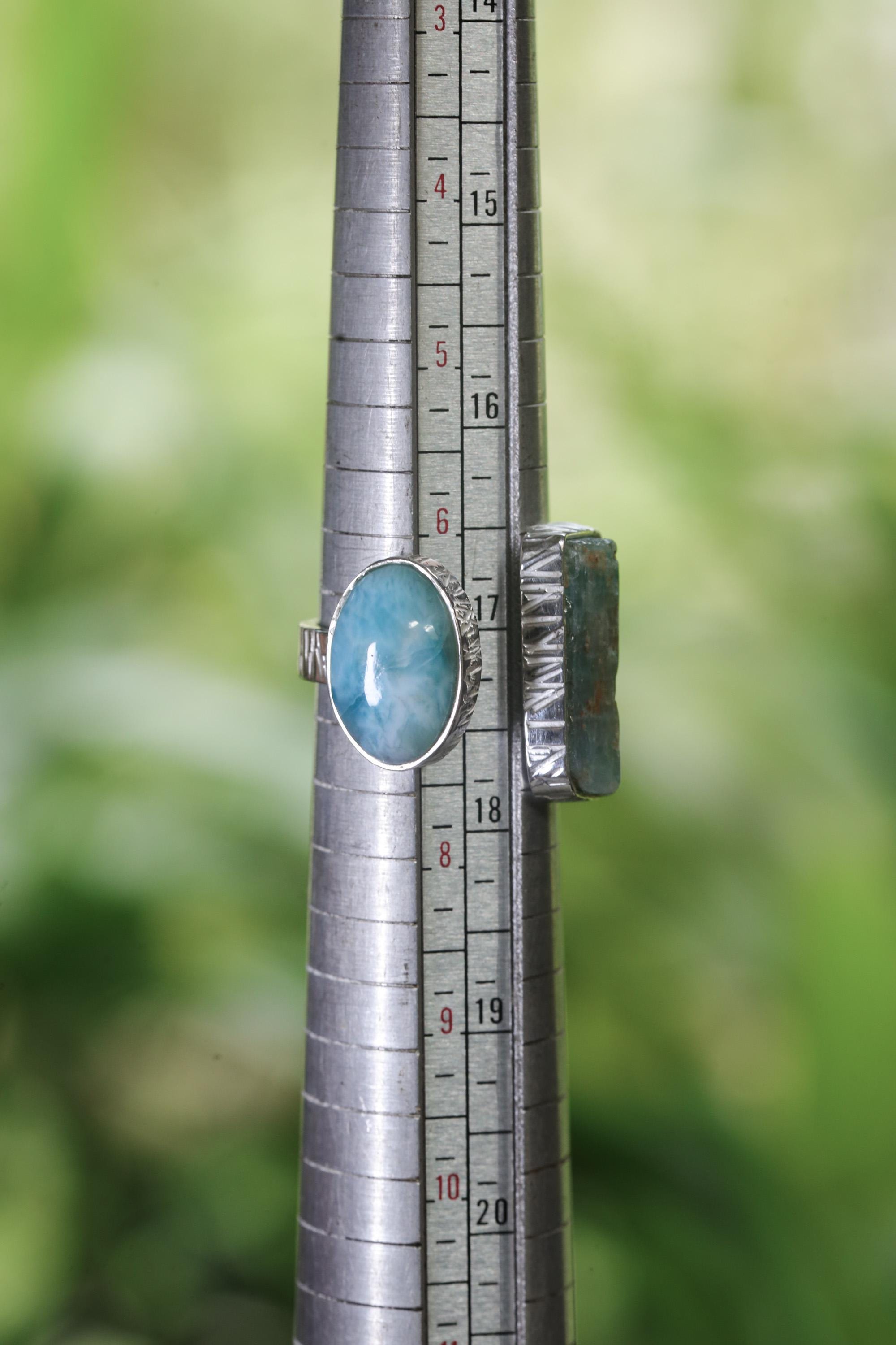 Handmade Aquamarine Larimar Ring, Adjustable Sterling Silver Band