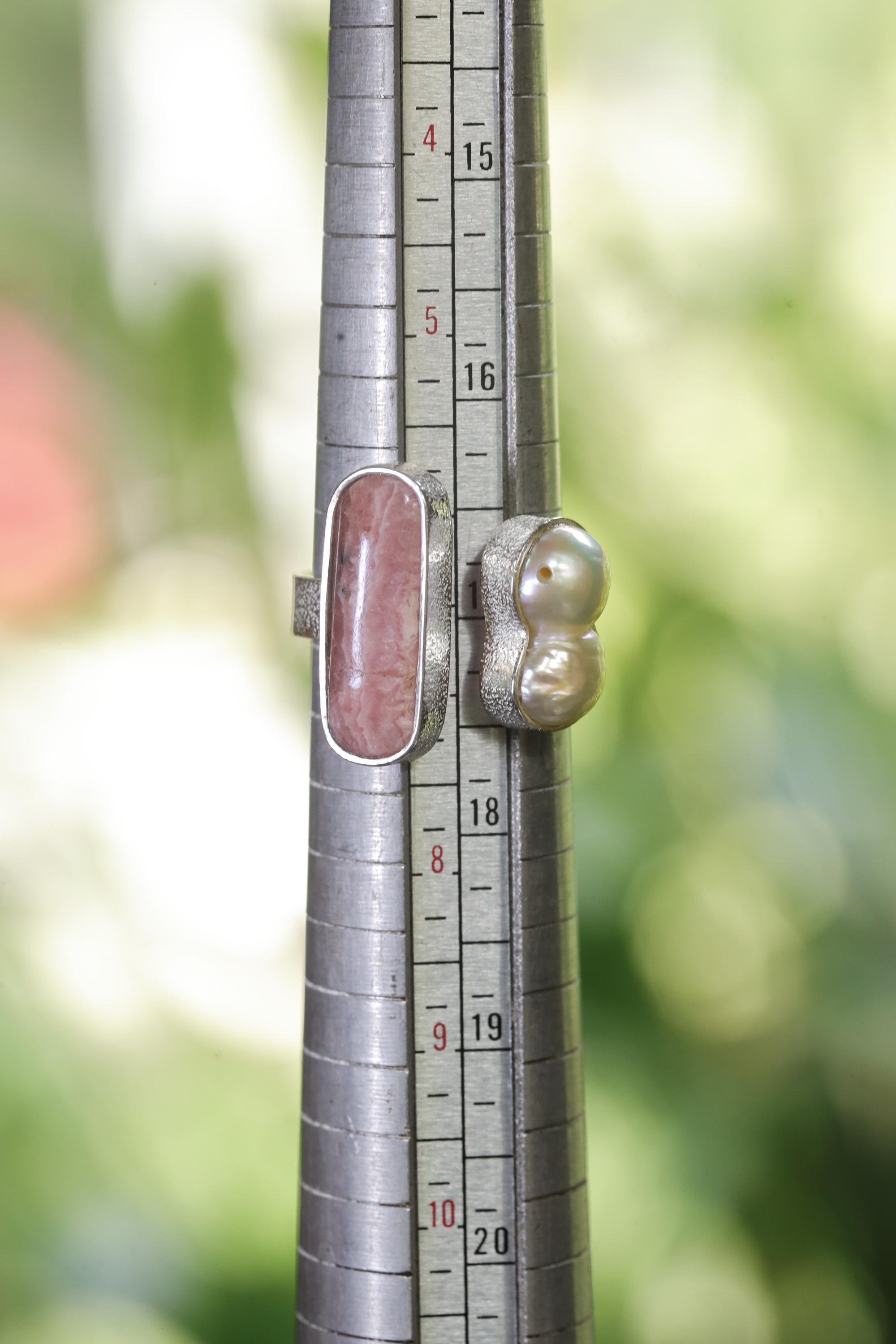 Baroque Pearl Rhodochrosite Ring 925 Silver Adjustable Open Ring Organic Texture Statement Jewelry