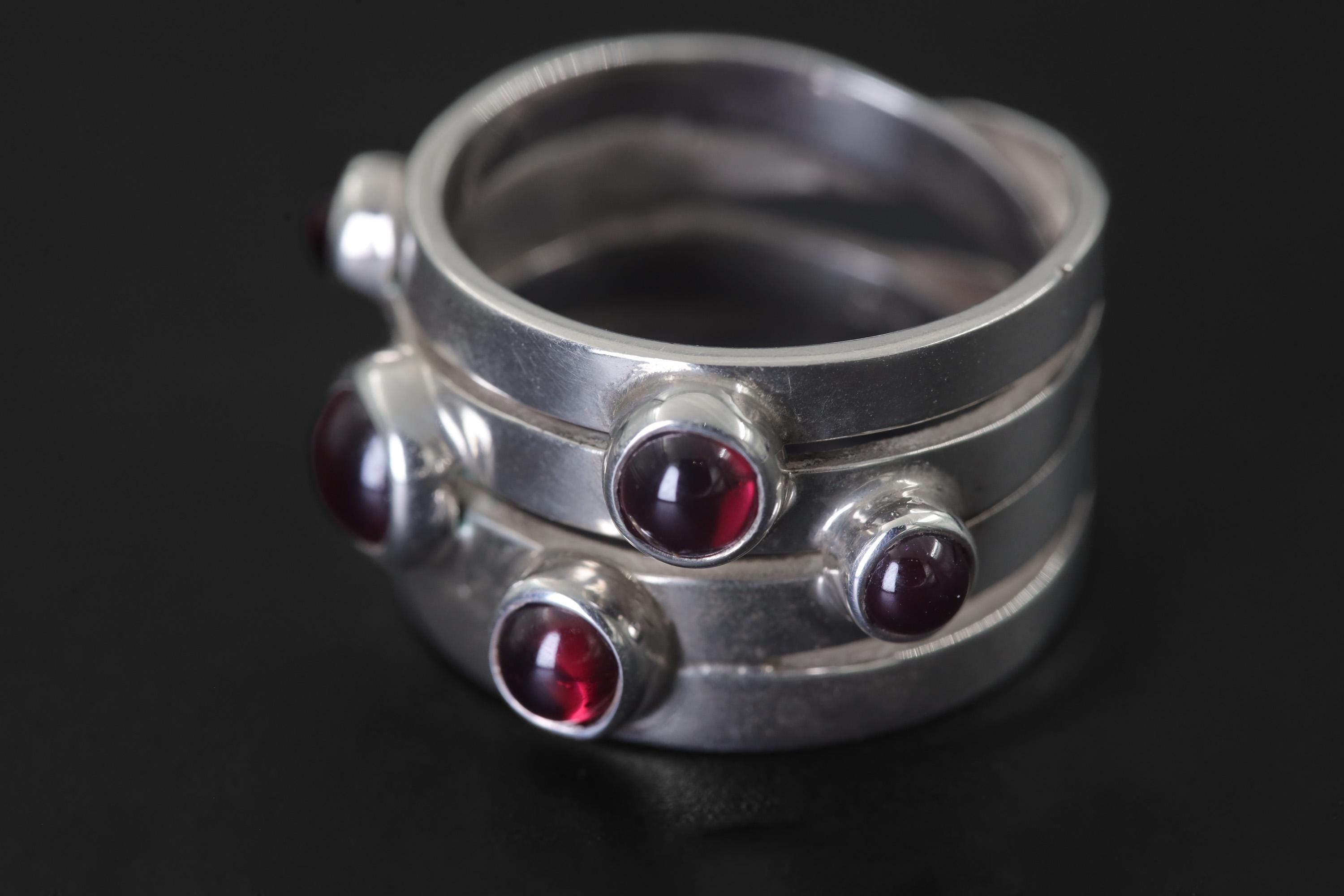 Red Garnet Silver Ring 925 Five Round Cabochon Stones High Shine Band Root Chakra Talisman Jewelry Gift Size 6 US