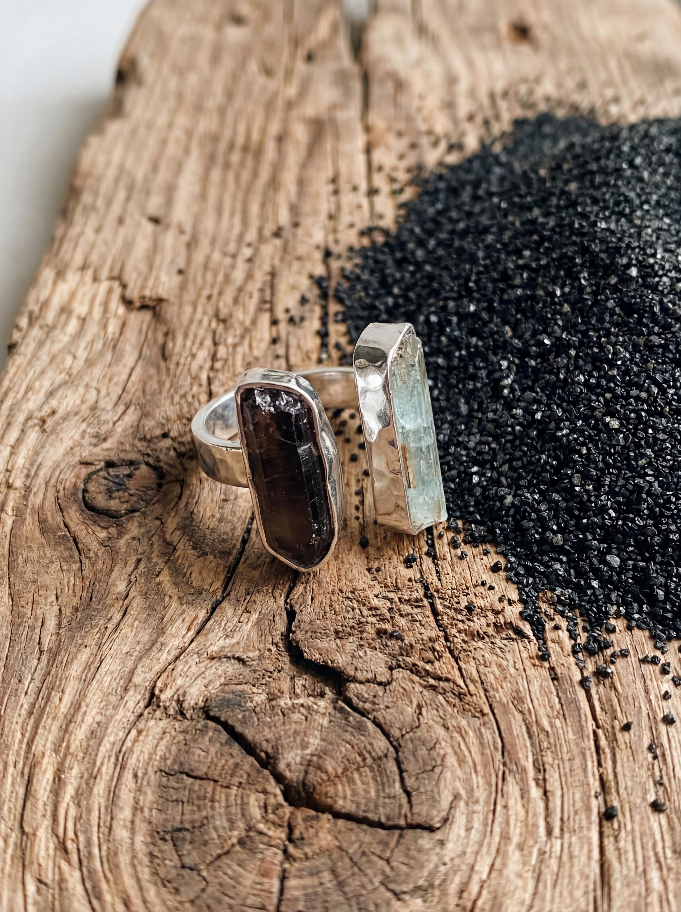 Smoky Quartz Aquamarine Dual Stone Ring, Hammered Sterling Silver Band, Adjustable Open Ring