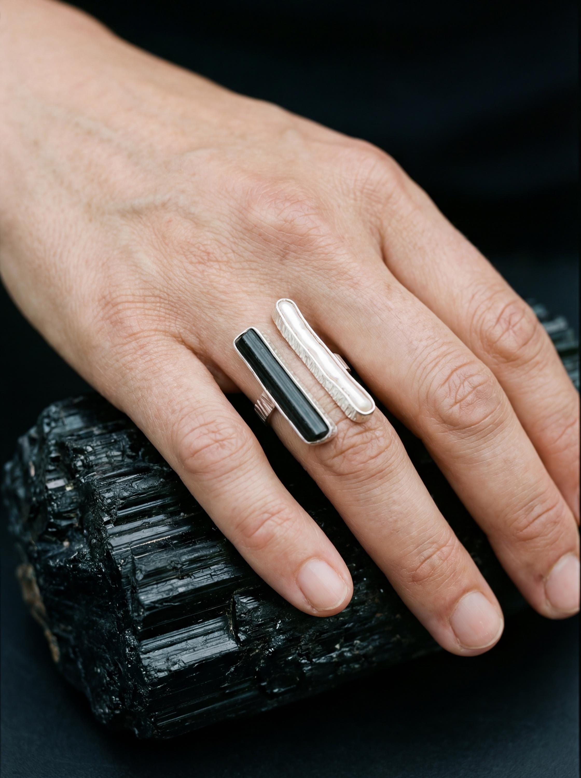 Pearl Black Tourmaline 925 Silver Ring, Adjustable Open Band