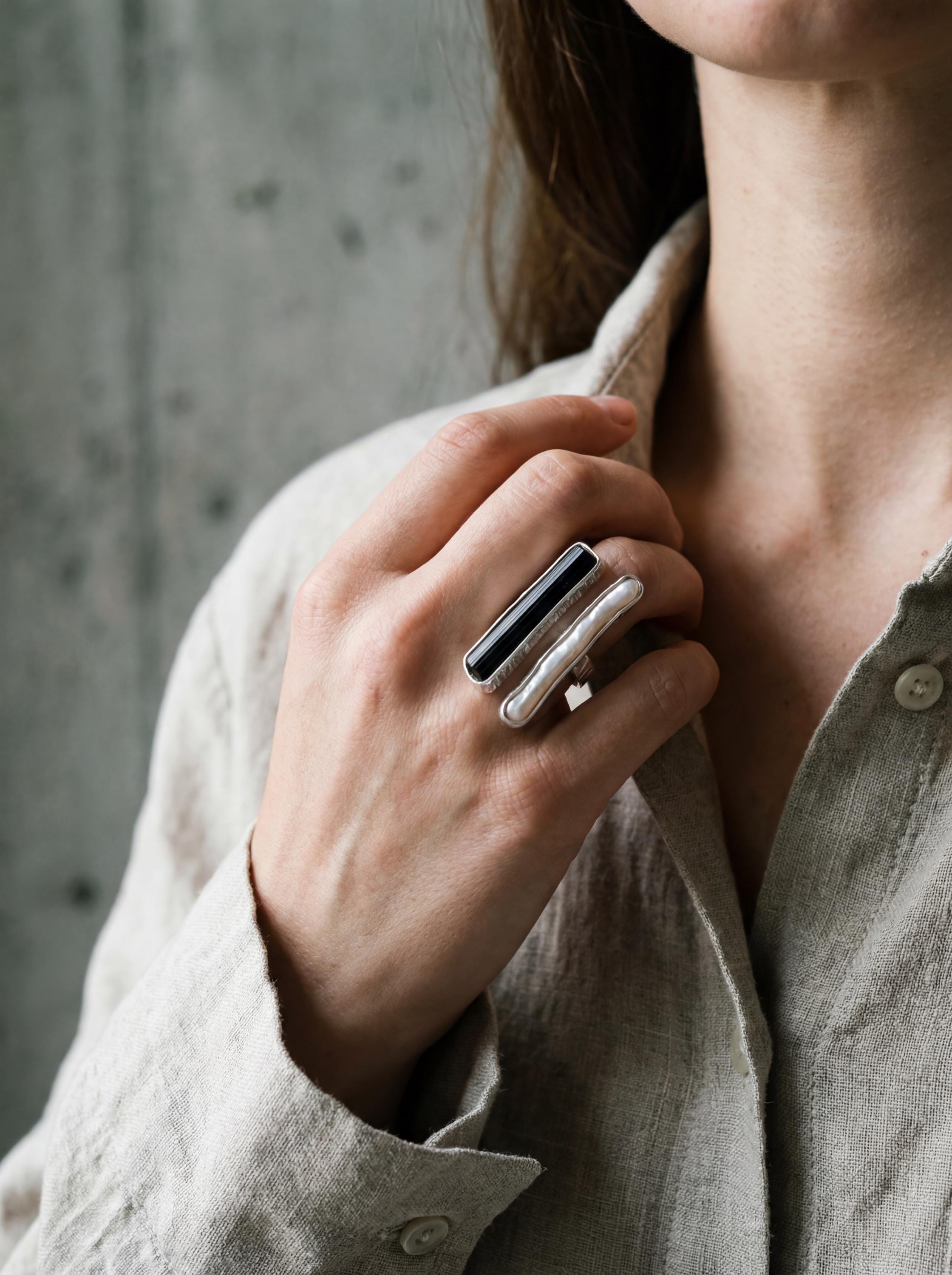 Pearl Black Tourmaline 925 Silver Ring, Adjustable Open Band