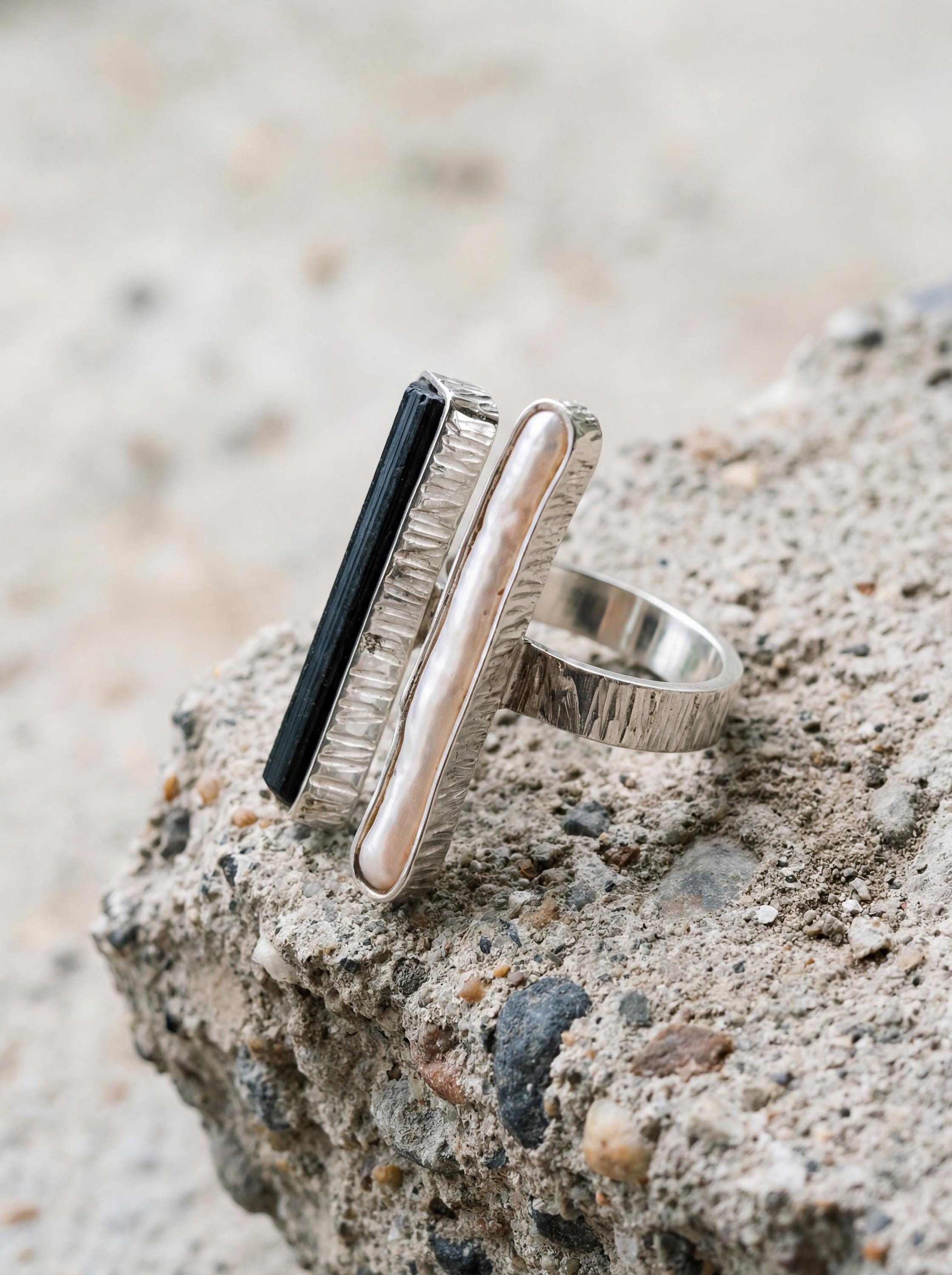 Pearl Black Tourmaline 925 Silver Ring, Adjustable Open Band