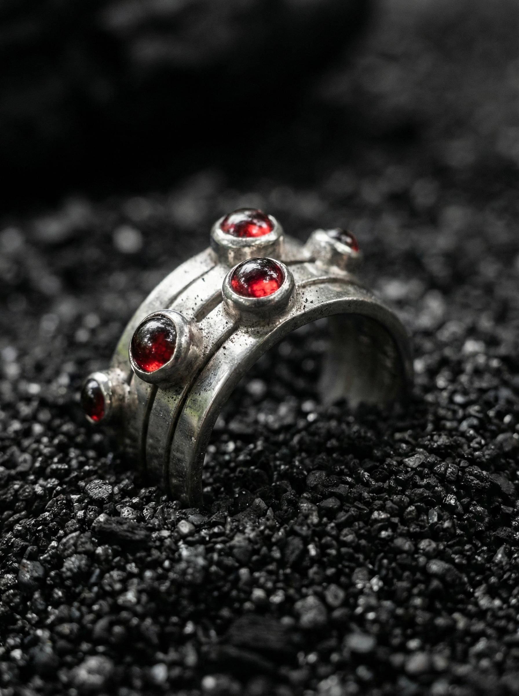 Red Garnet Silver Ring 925 Five Round Cabochon Stones High Shine Band Root Chakra Talisman Jewelry Gift Size 6 US