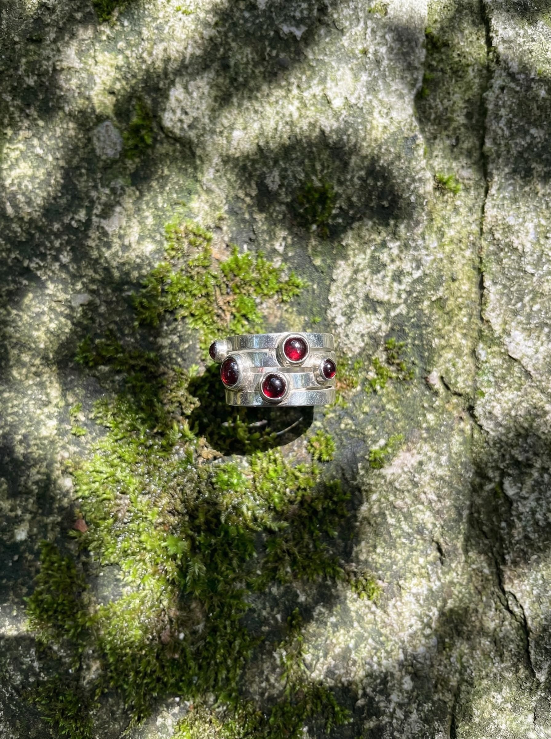 Red Garnet Silver Ring 925 Five Round Cabochon Stones High Shine Band Root Chakra Talisman Jewelry Gift Size 6 US