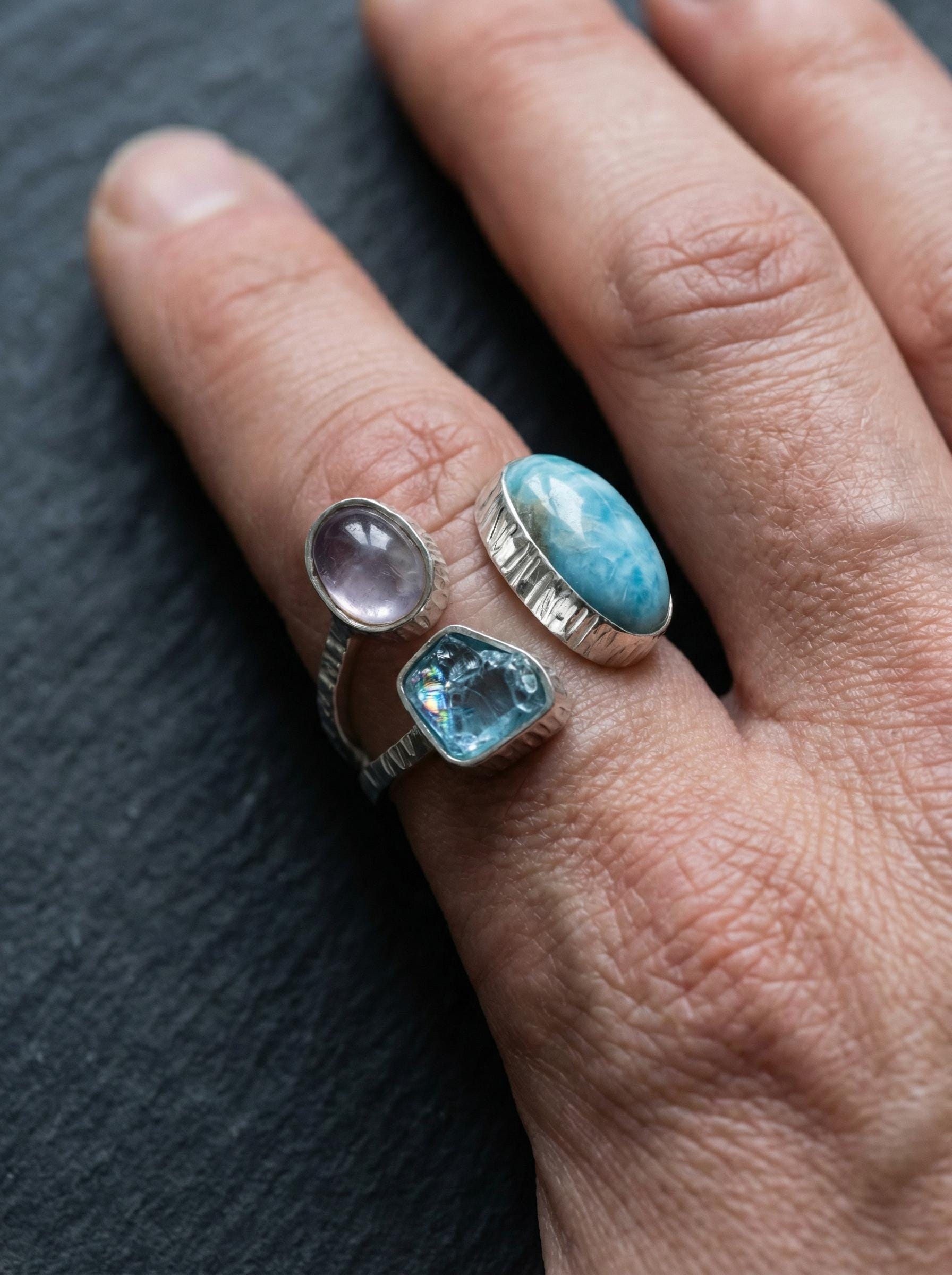 Larimar Apatite Moonstone Ring, 925 Silver Adjustable Triple Stone