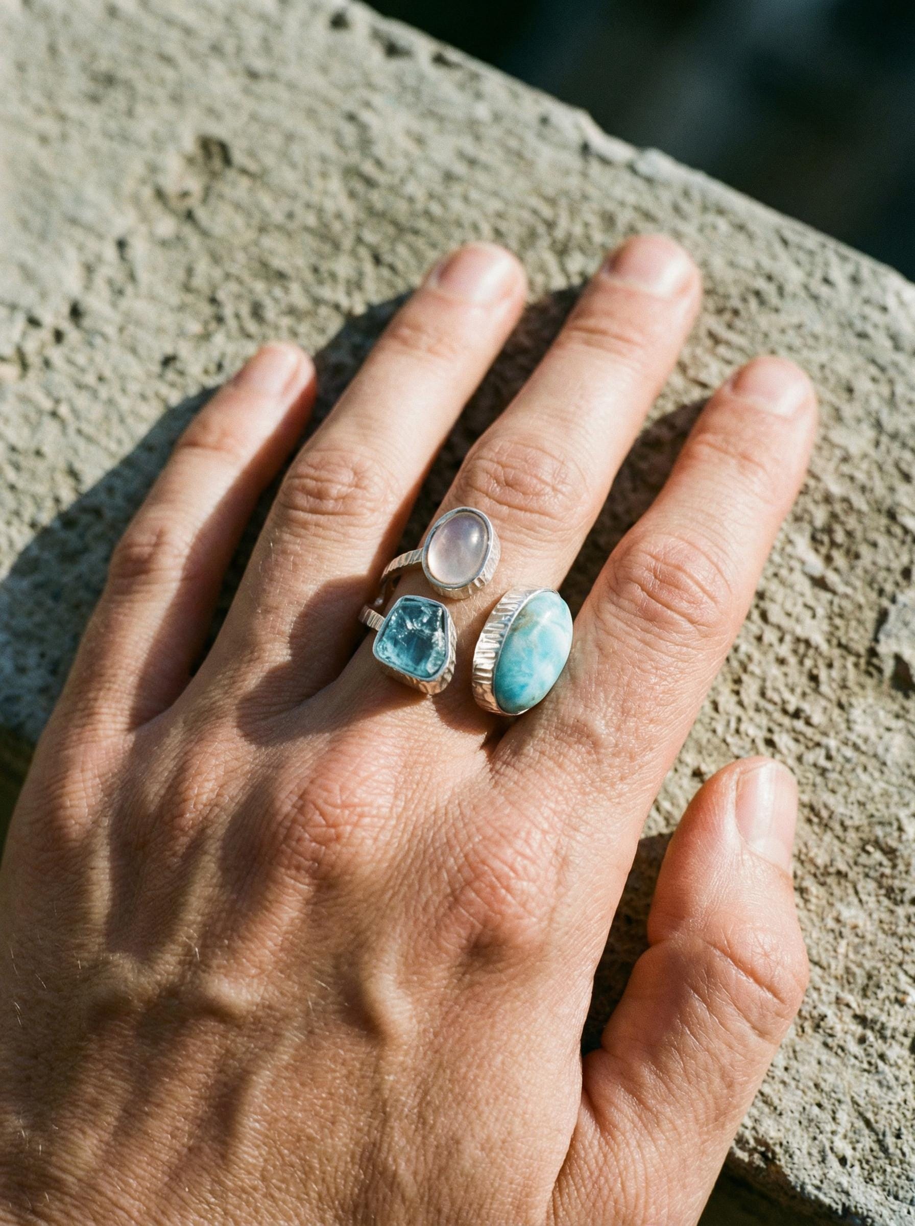 Larimar Apatite Moonstone Ring, 925 Silver Adjustable Triple Stone
