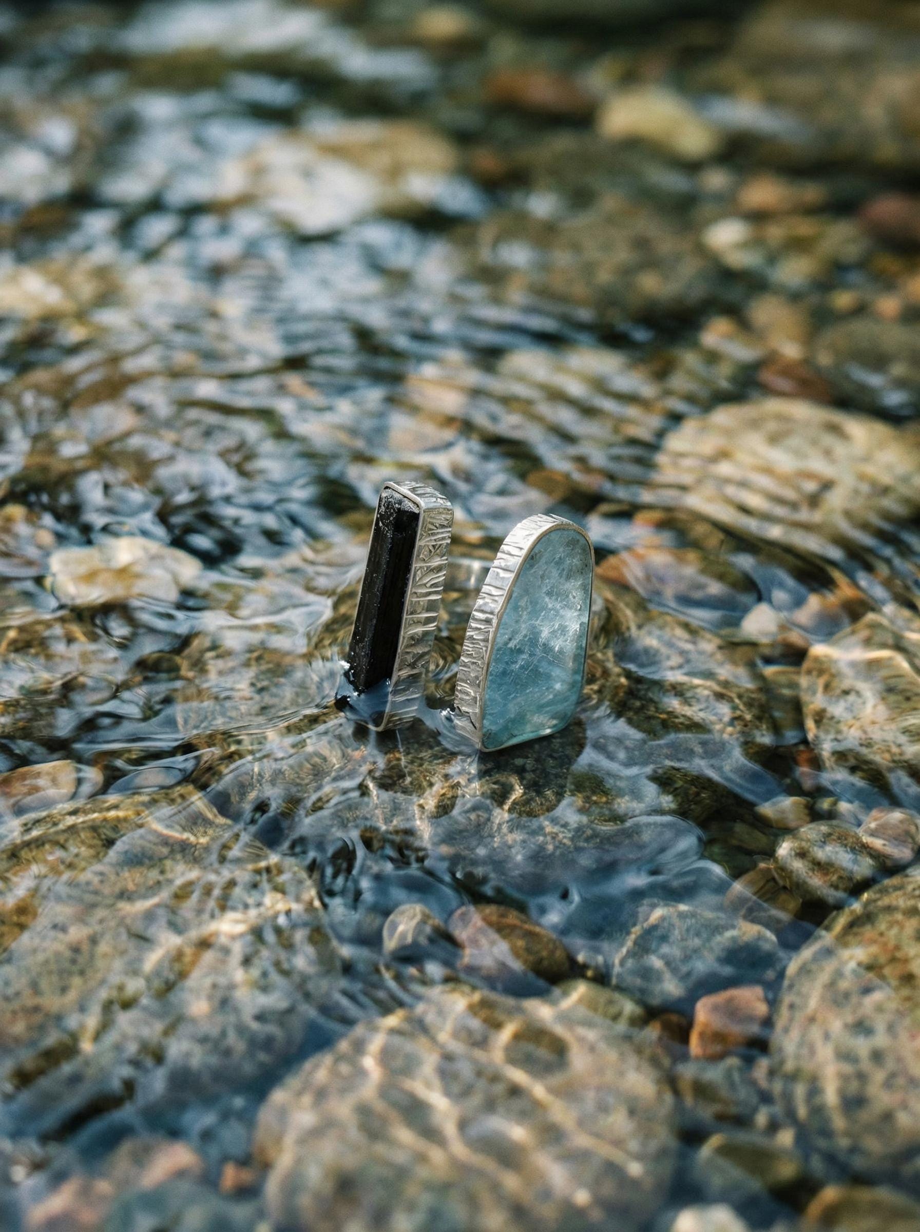 Aquamarine Black Tourmaline Ring 925 Sterling Silver Adjustable Band Throat Root Chakra Protection Gift