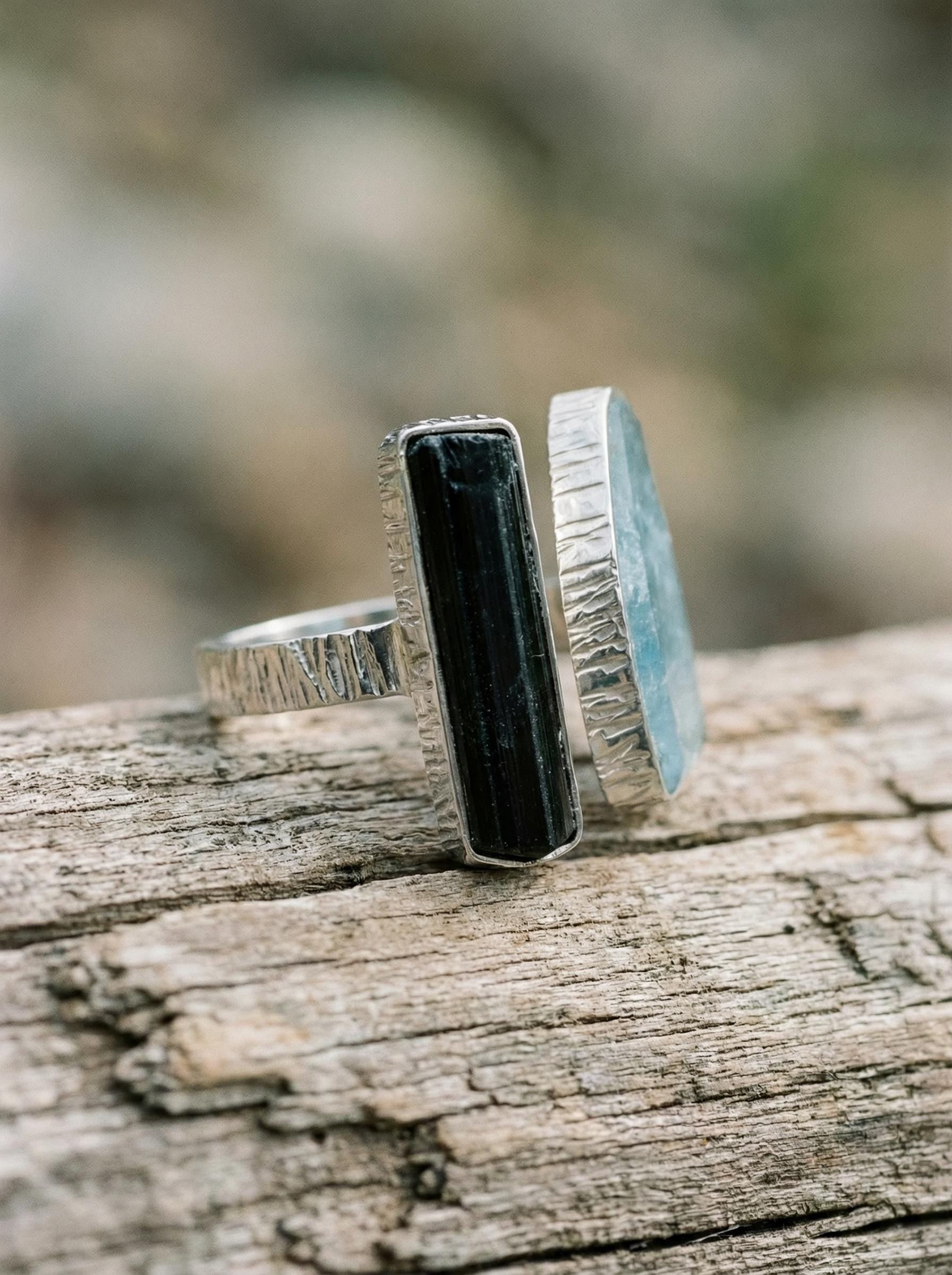 Aquamarine Black Tourmaline Ring 925 Sterling Silver Adjustable Band Throat Root Chakra Protection Gift