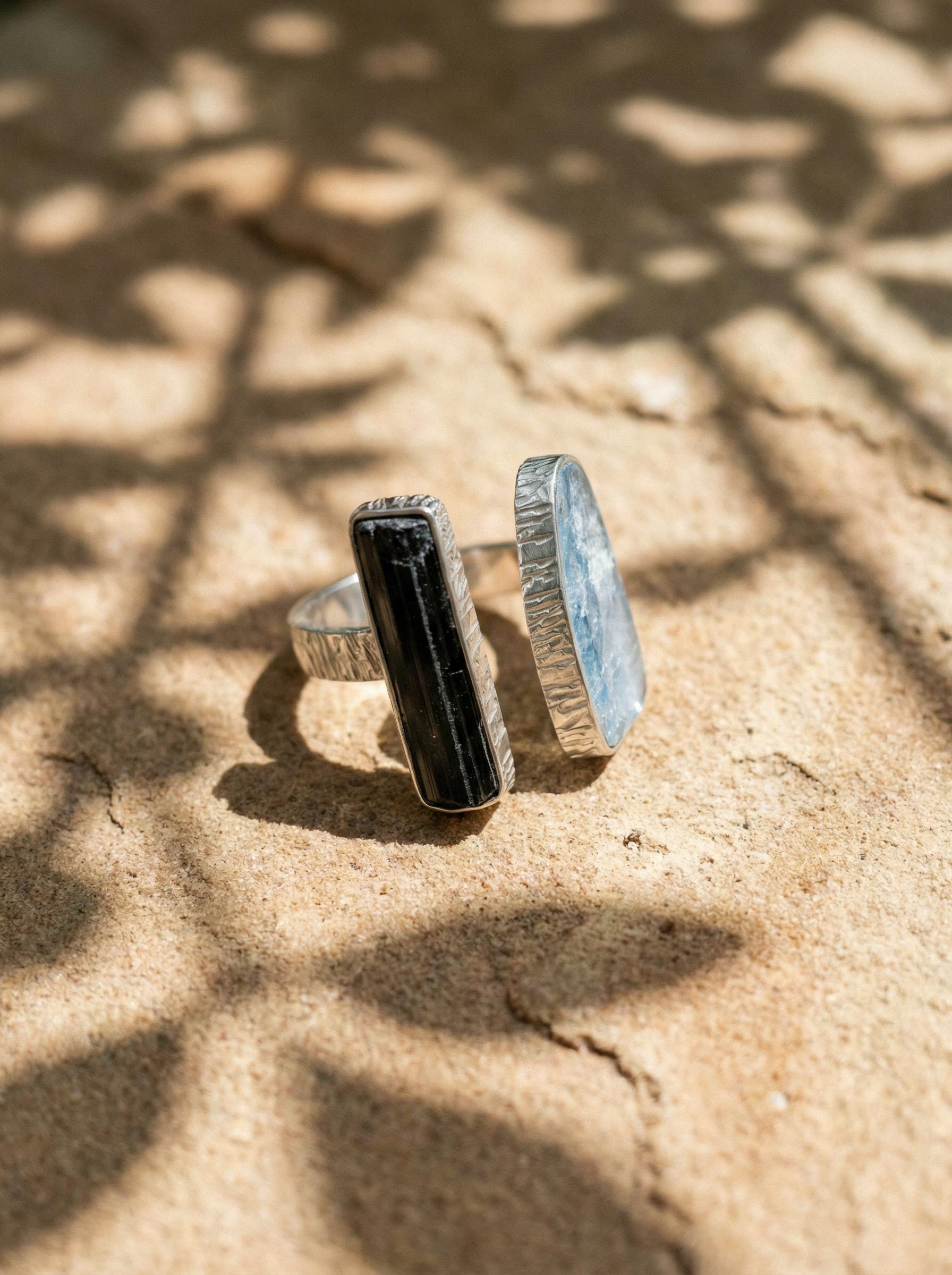 Aquamarine Black Tourmaline Ring 925 Sterling Silver Adjustable Band Throat Root Chakra Protection Gift