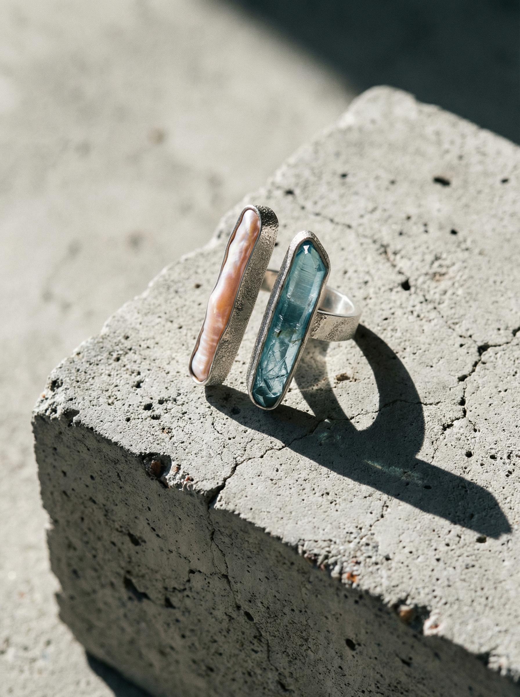 Pearl Aqua Aura Quartz Ring 925 Silver Adjustable Open Ring Organic Texture Statement Jewelry