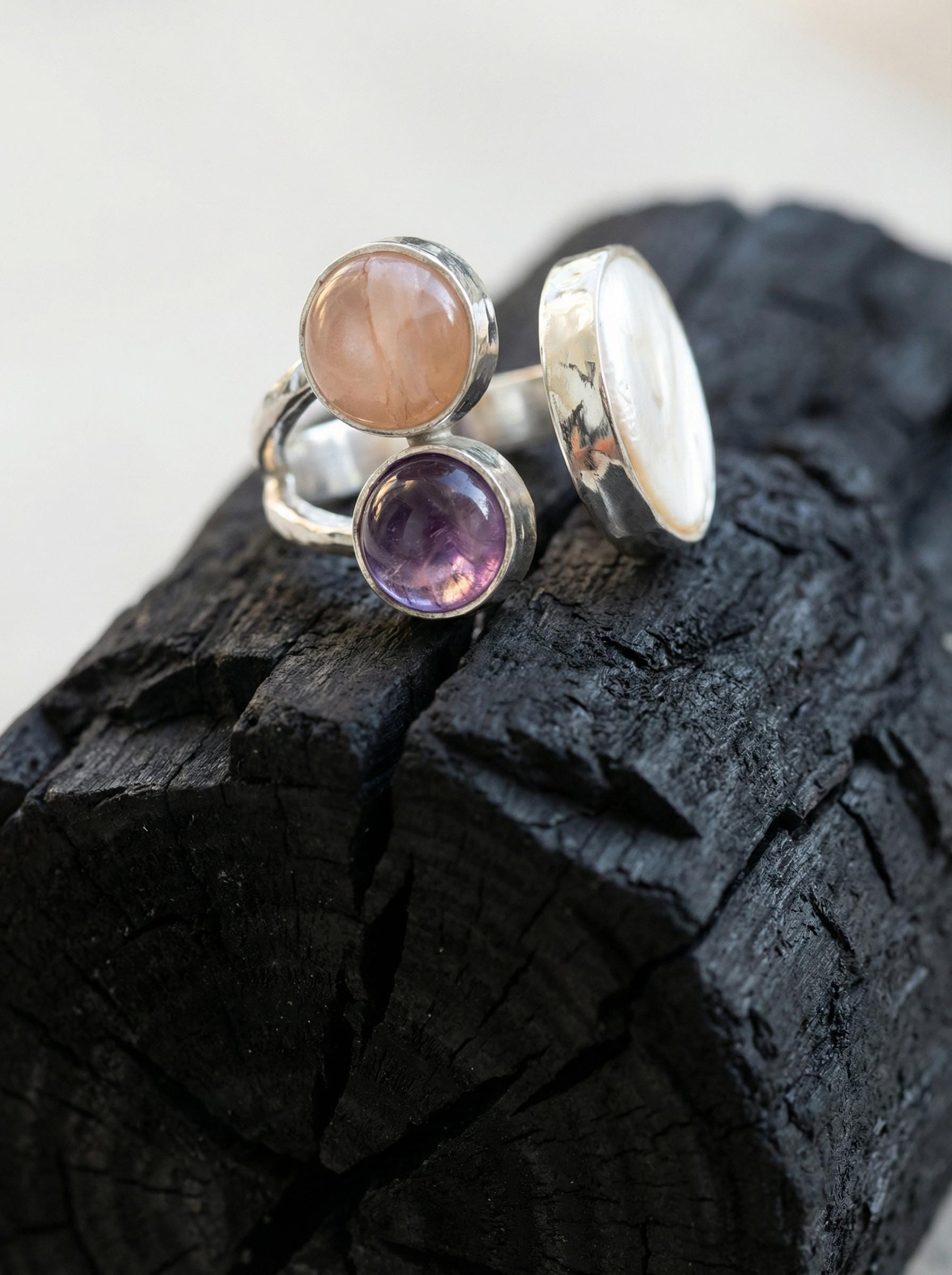 Hammered Sterling Silver Multi Stone Ring: Pearl, Amethyst, Rose Quartz Calm Clarity Jewelry