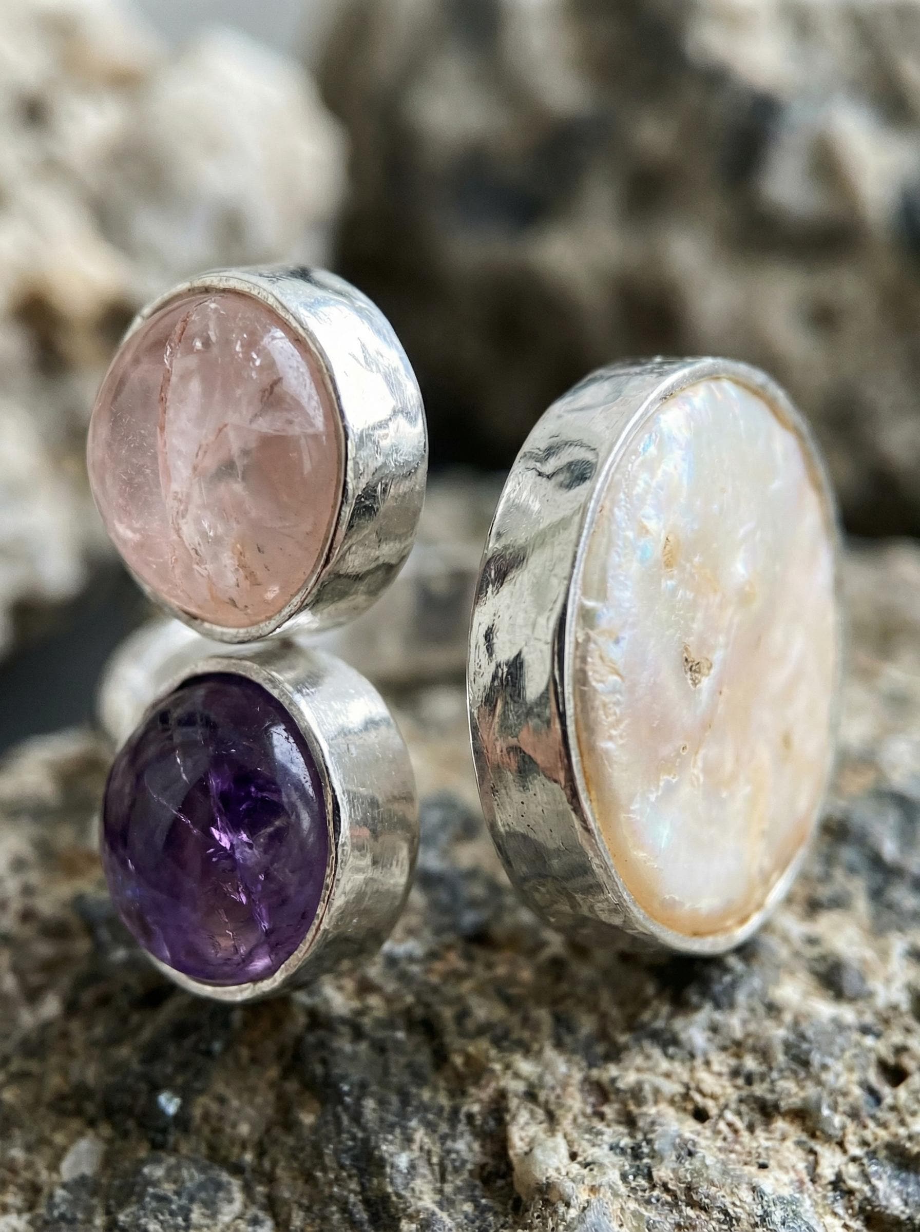 Hammered Sterling Silver Multi Stone Ring: Pearl, Amethyst, Rose Quartz Calm Clarity Jewelry