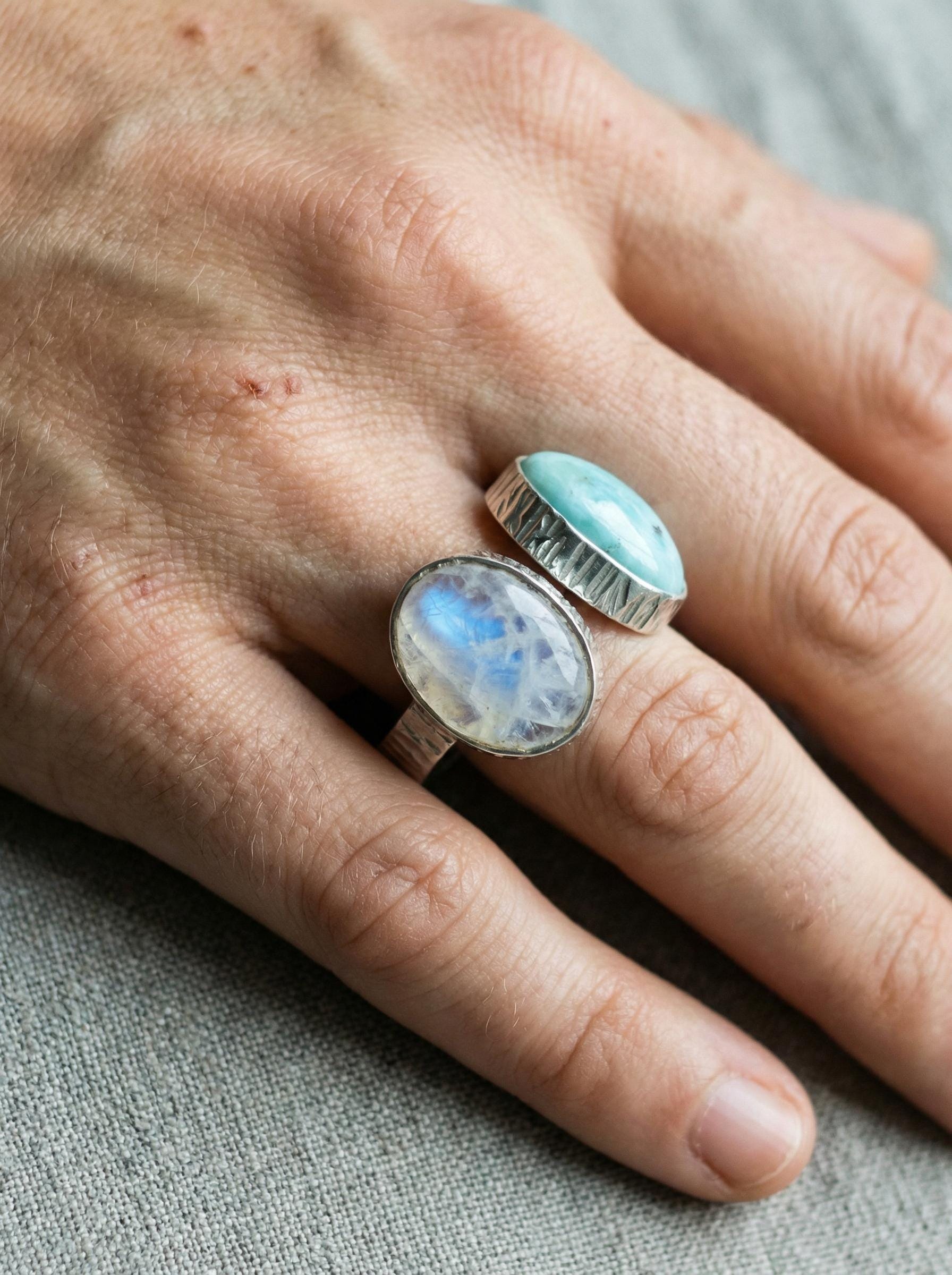 Larimar Blue Moonstone Ring 925 Silver Adjustable Open Dual Stone Statement Jewelry