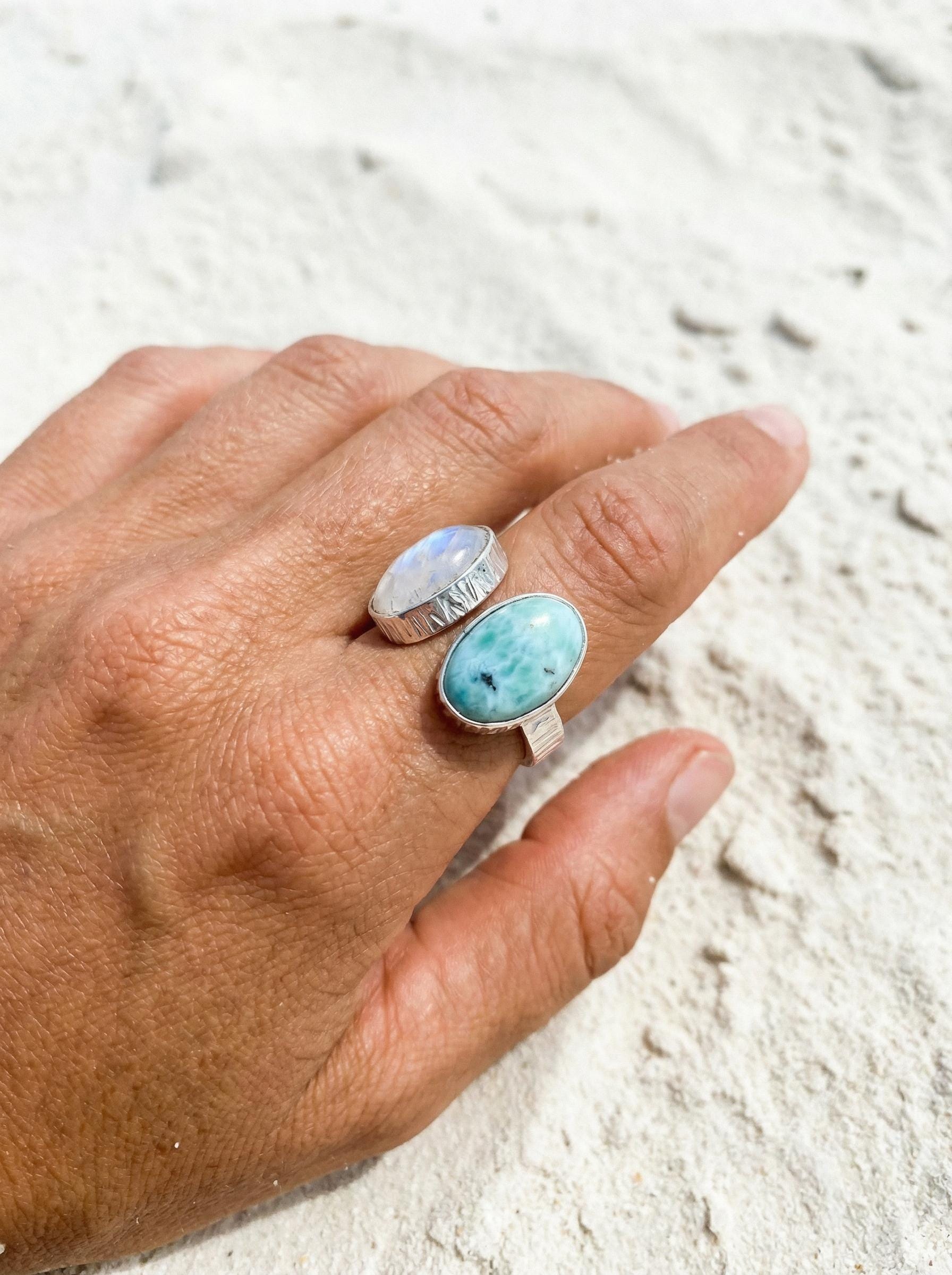 Larimar Blue Moonstone Ring 925 Silver Adjustable Open Dual Stone Statement Jewelry