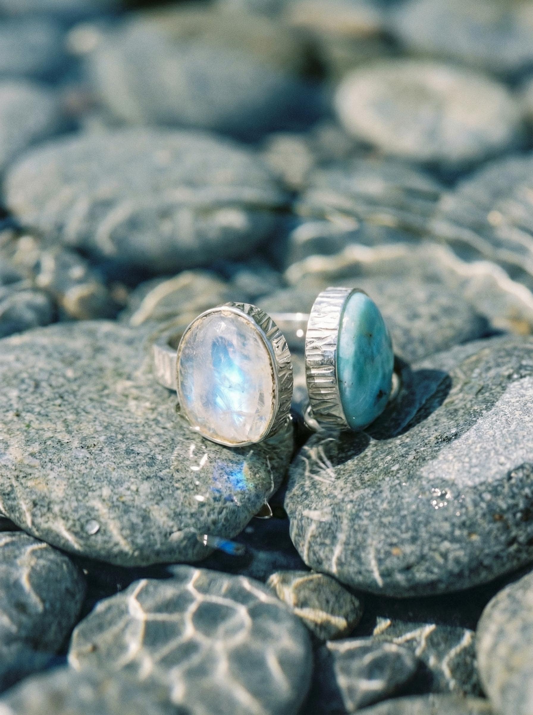Larimar Blue Moonstone Ring 925 Sterling Silver Adjustable Hammered Band Throat Third Eye Chakra Gift