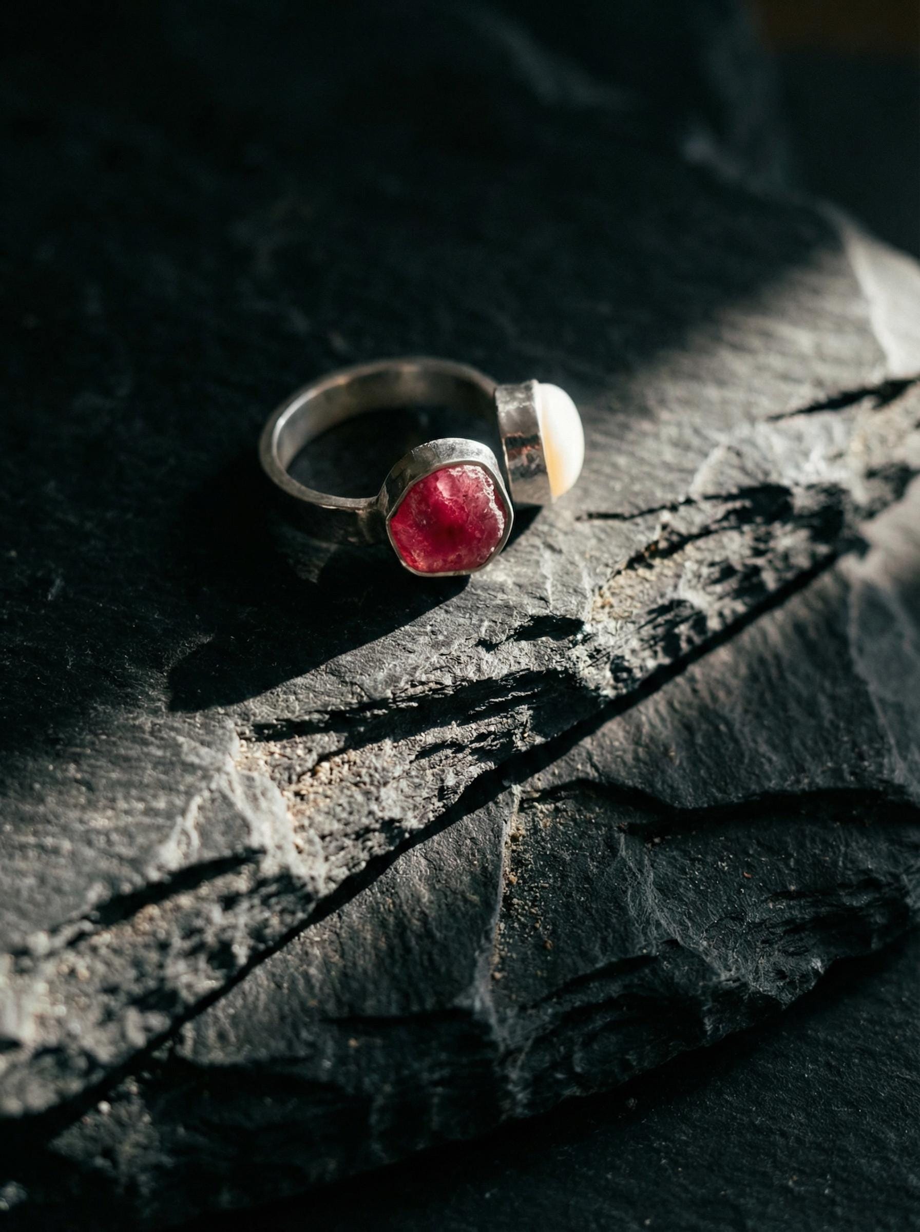 Ruby South Sea Pearl Ring 925 Silver Adjustable Open Dual Stone Statement Jewelry