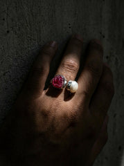 Ruby South Sea Pearl Ring 925 Sterling Silver Adjustable Hammered Band Heart Root Chakra July Birthstone Gift