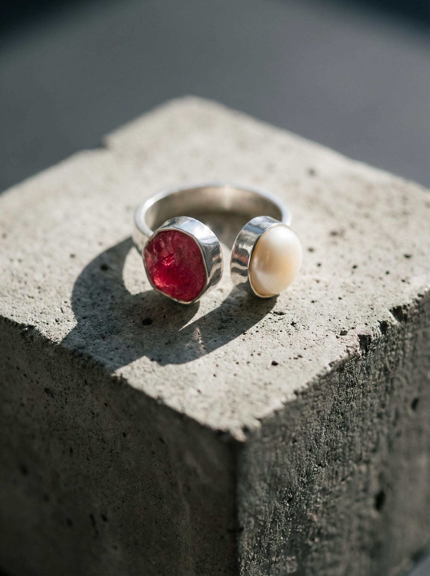 Ruby South Sea Pearl Ring 925 Sterling Silver Adjustable Hammered Band Heart Root Chakra July Birthstone Gift