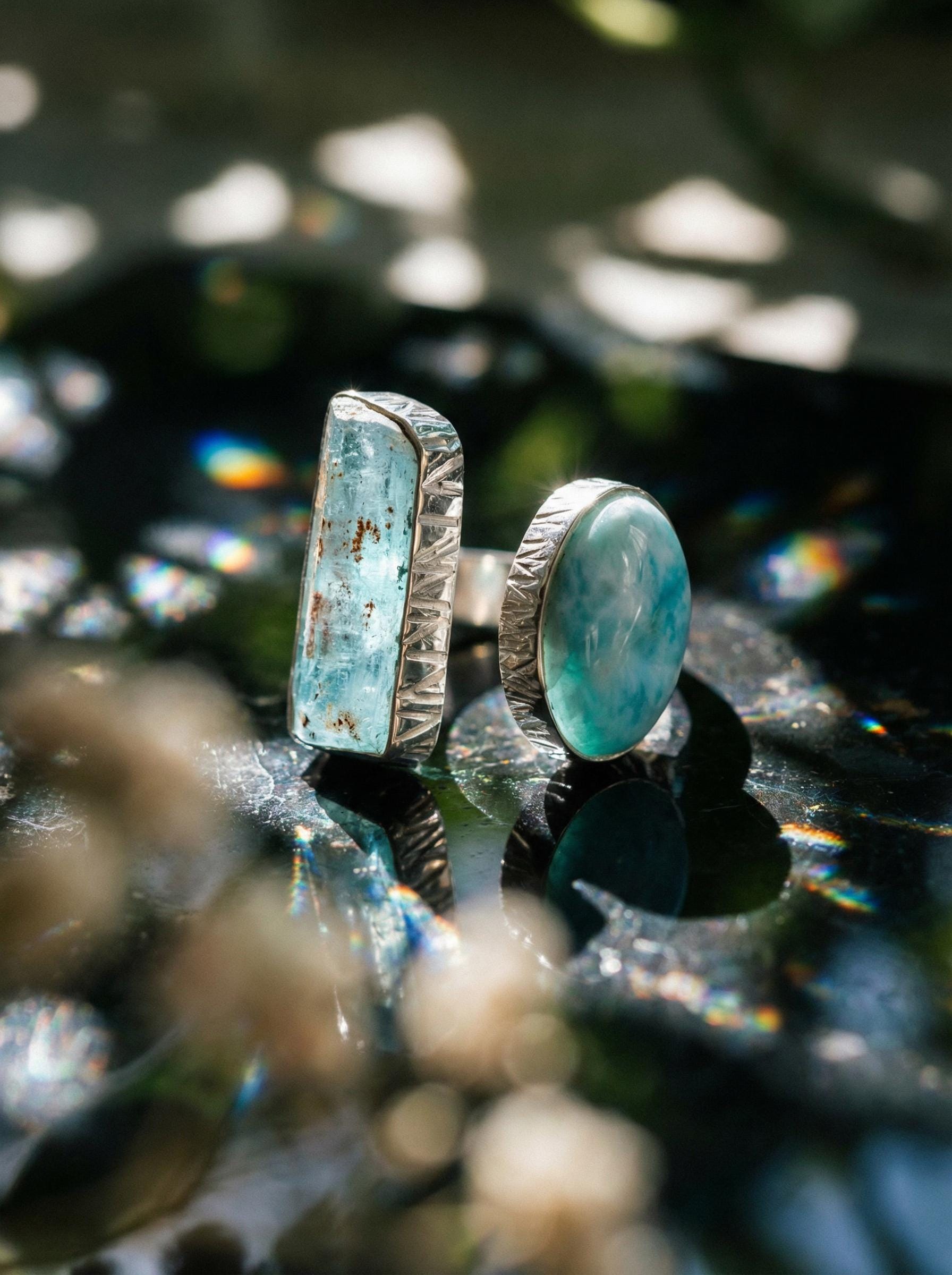 Aquamarine Larimar Ring 925 Sterling Silver Adjustable Band Raw Crystal Throat Heart Chakra Ocean Gift