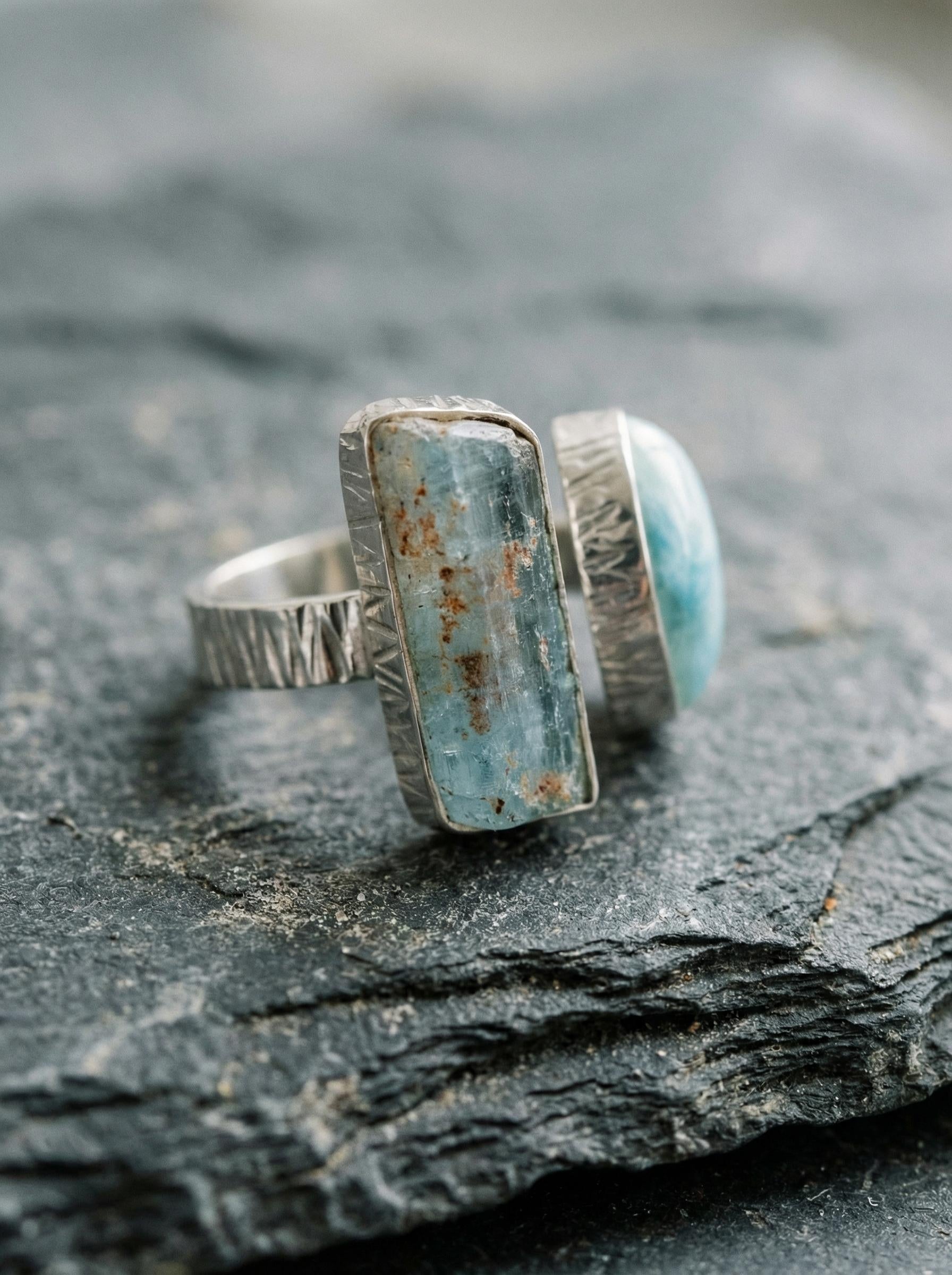Handmade Aquamarine Larimar Ring, Adjustable Sterling Silver Band