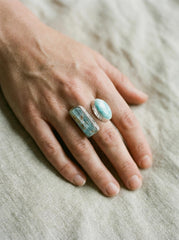 Handmade Aquamarine Larimar Ring, Adjustable Sterling Silver Band