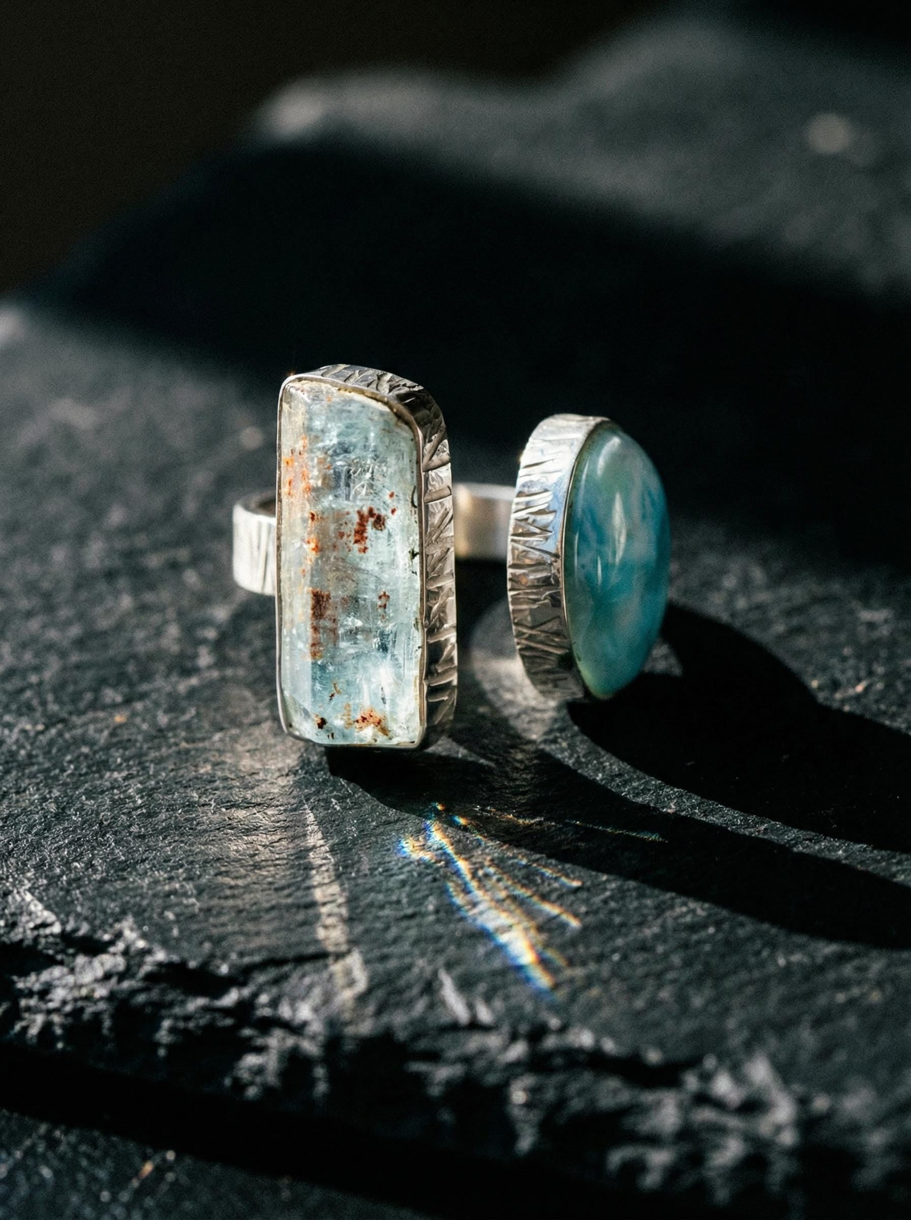 Handmade Aquamarine Larimar Ring, Adjustable Sterling Silver Band