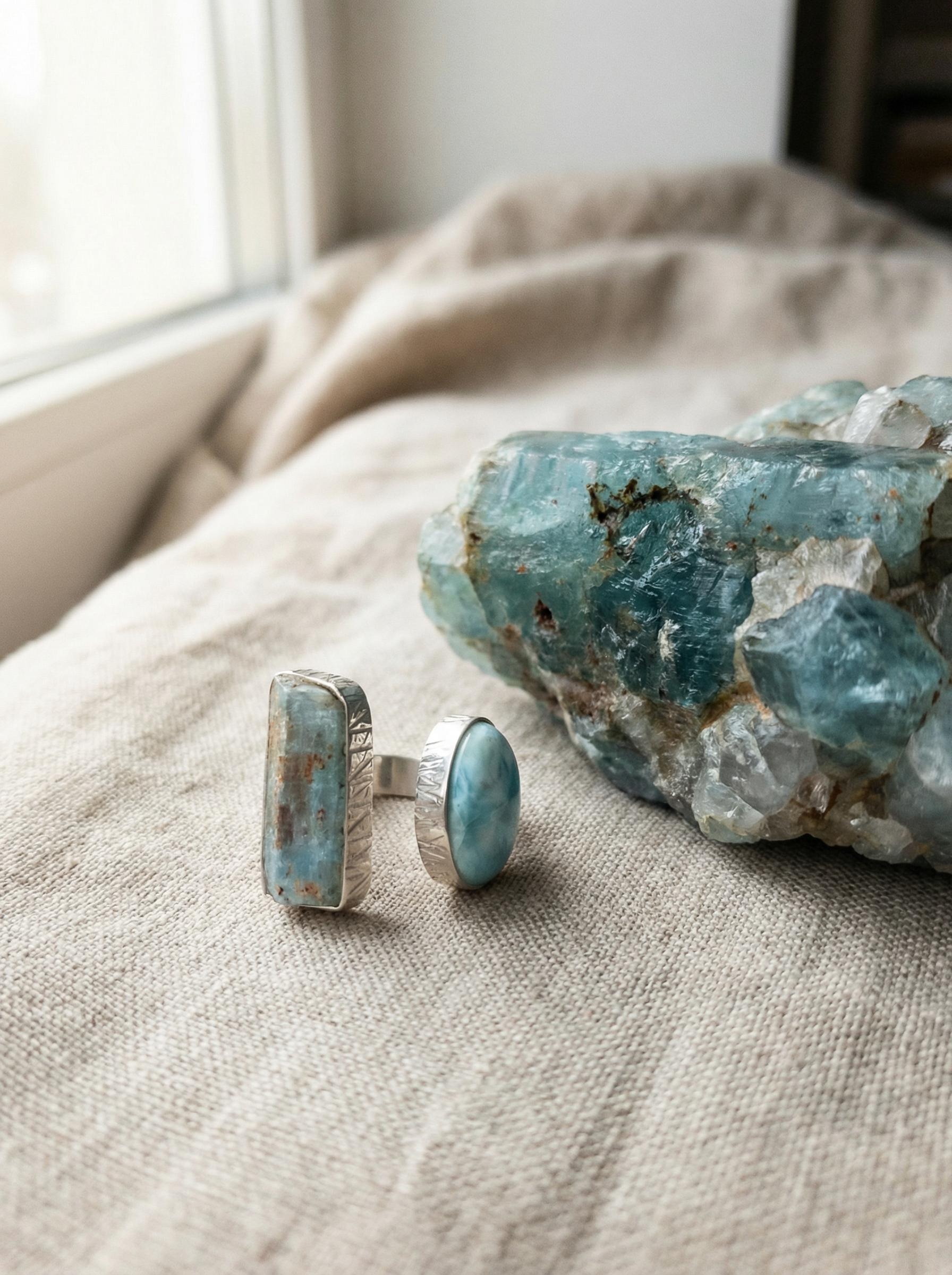 Aquamarine Larimar Ring 925 Sterling Silver Adjustable Band Raw Crystal Throat Heart Chakra Ocean Gift