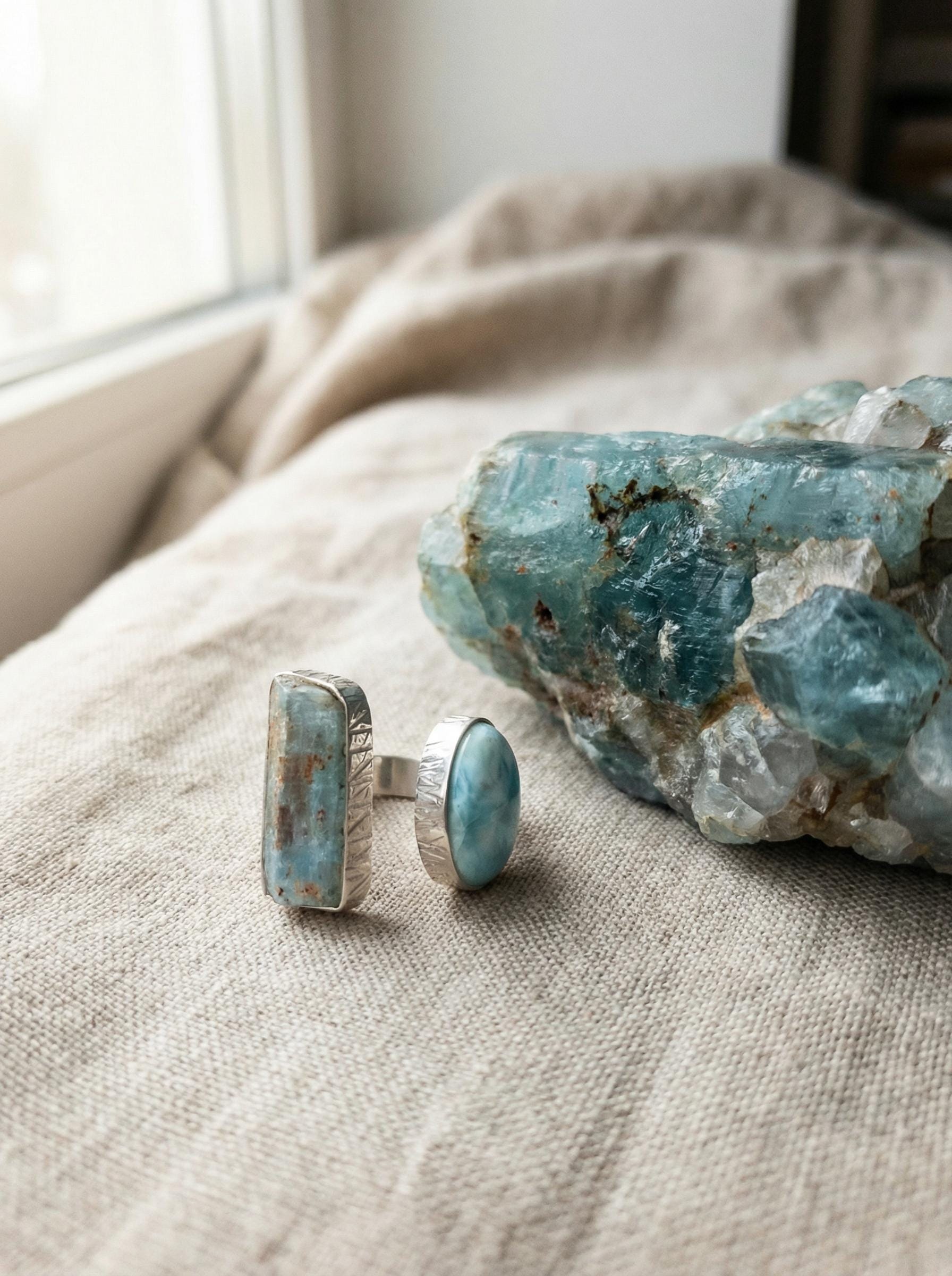Aquamarine Larimar Ring 925 Sterling Silver Adjustable Band Raw Crystal Throat Heart Chakra Ocean Gift