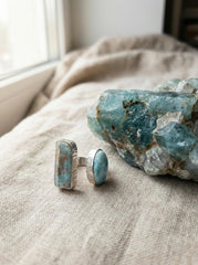 Aquamarine Larimar Ring 925 Sterling Silver Adjustable Band Raw Crystal Throat Heart Chakra Ocean Gift