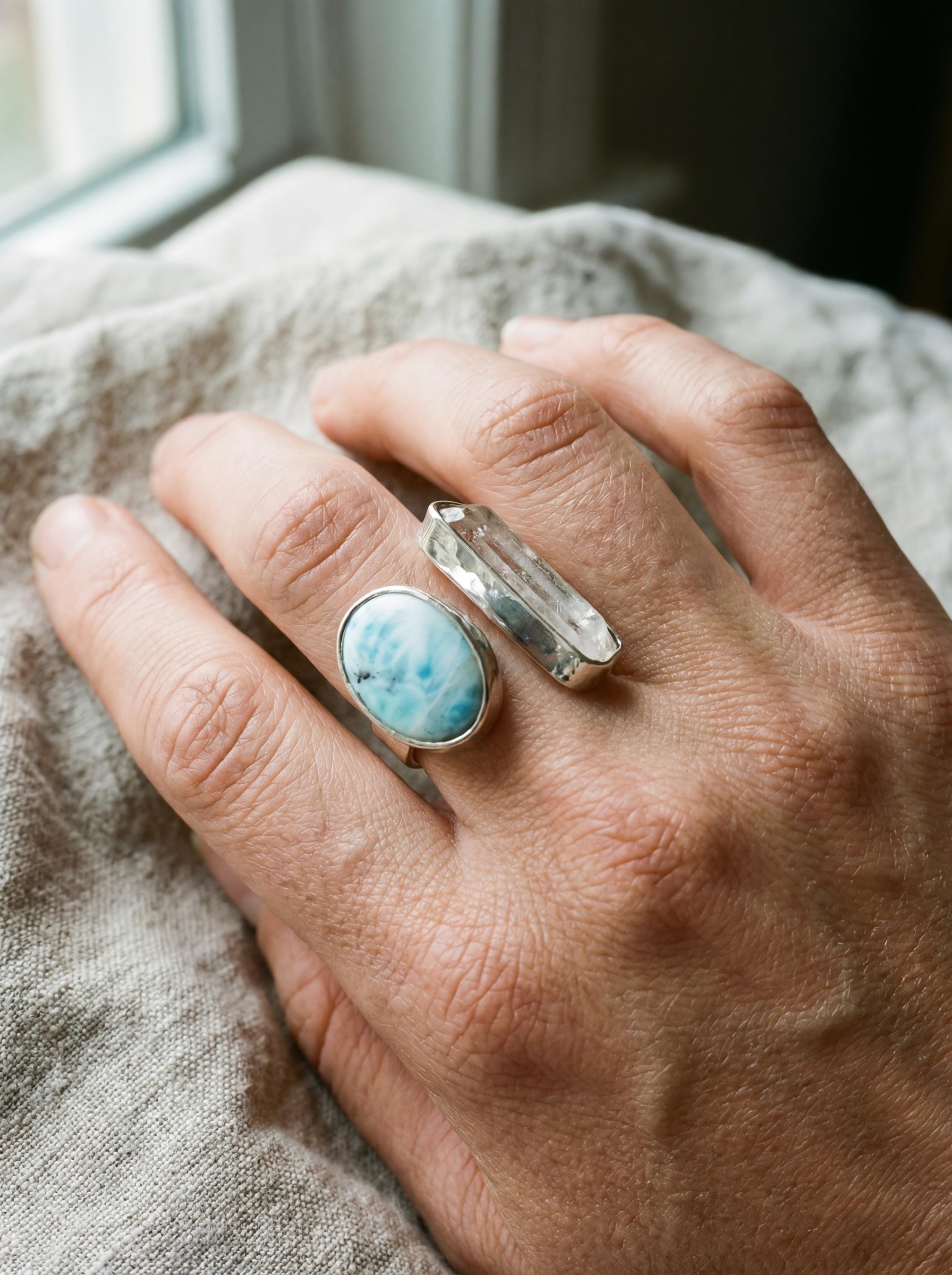 Clear Quartz Larimar Ring 925 Sterling Silver Adjustable Hammered Band Crown Throat Chakra Ocean Jewelry Gift