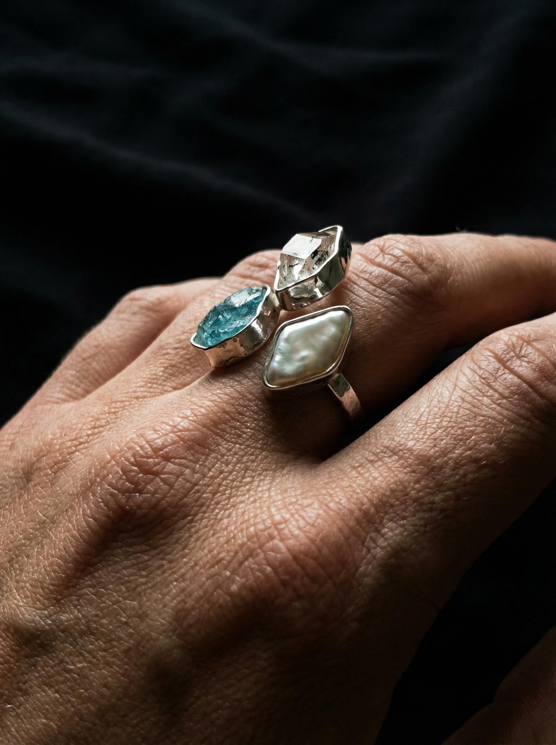 Herkimer Diamond Pearl Blue Apatite Ring 925 Sterling Silver Adjustable Throat Crown Chakra Crystal Gift