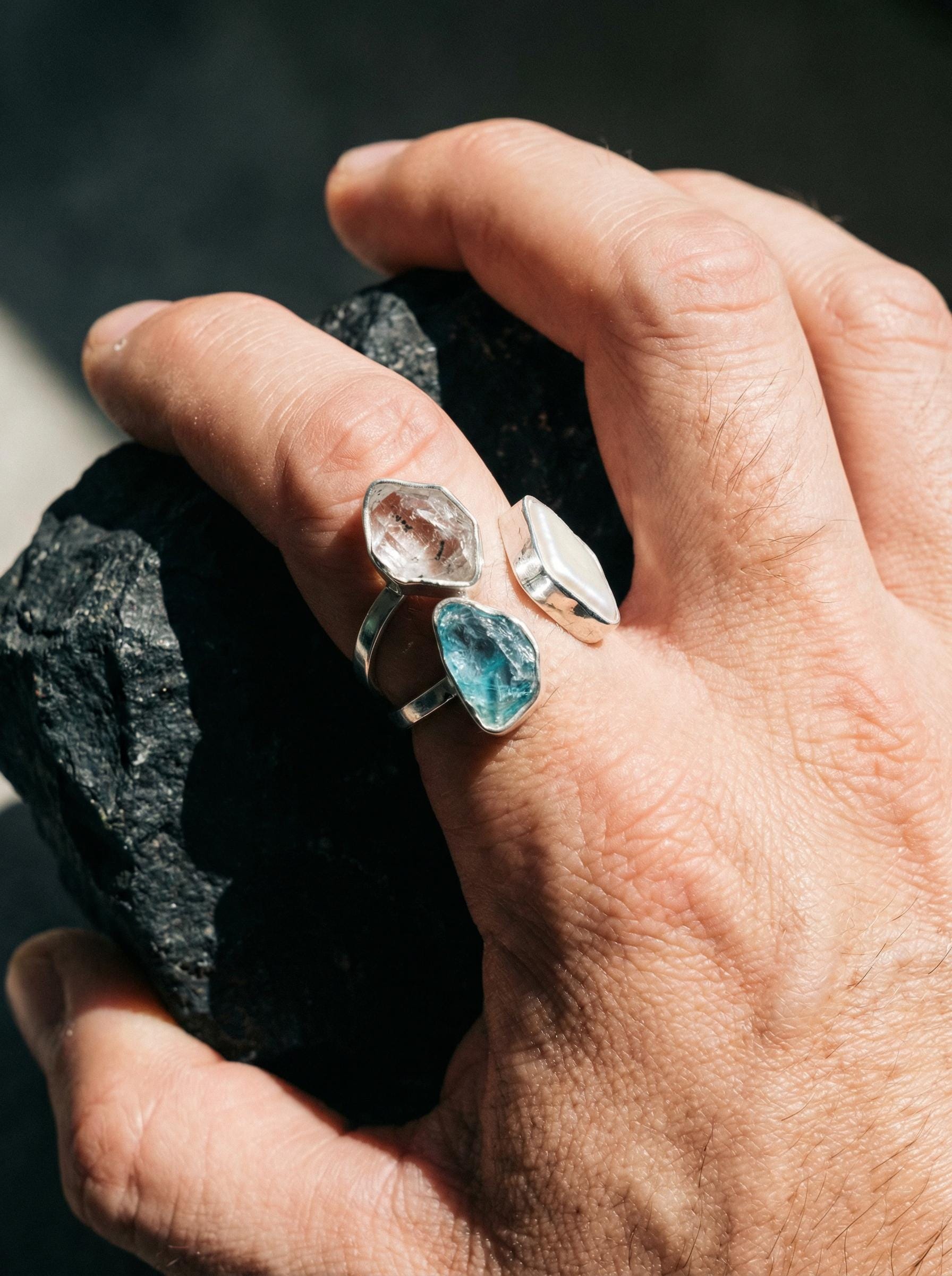 Herkimer Diamond Pearl Blue Apatite Ring 925 Sterling Silver Adjustable Throat Crown Chakra Crystal Gift