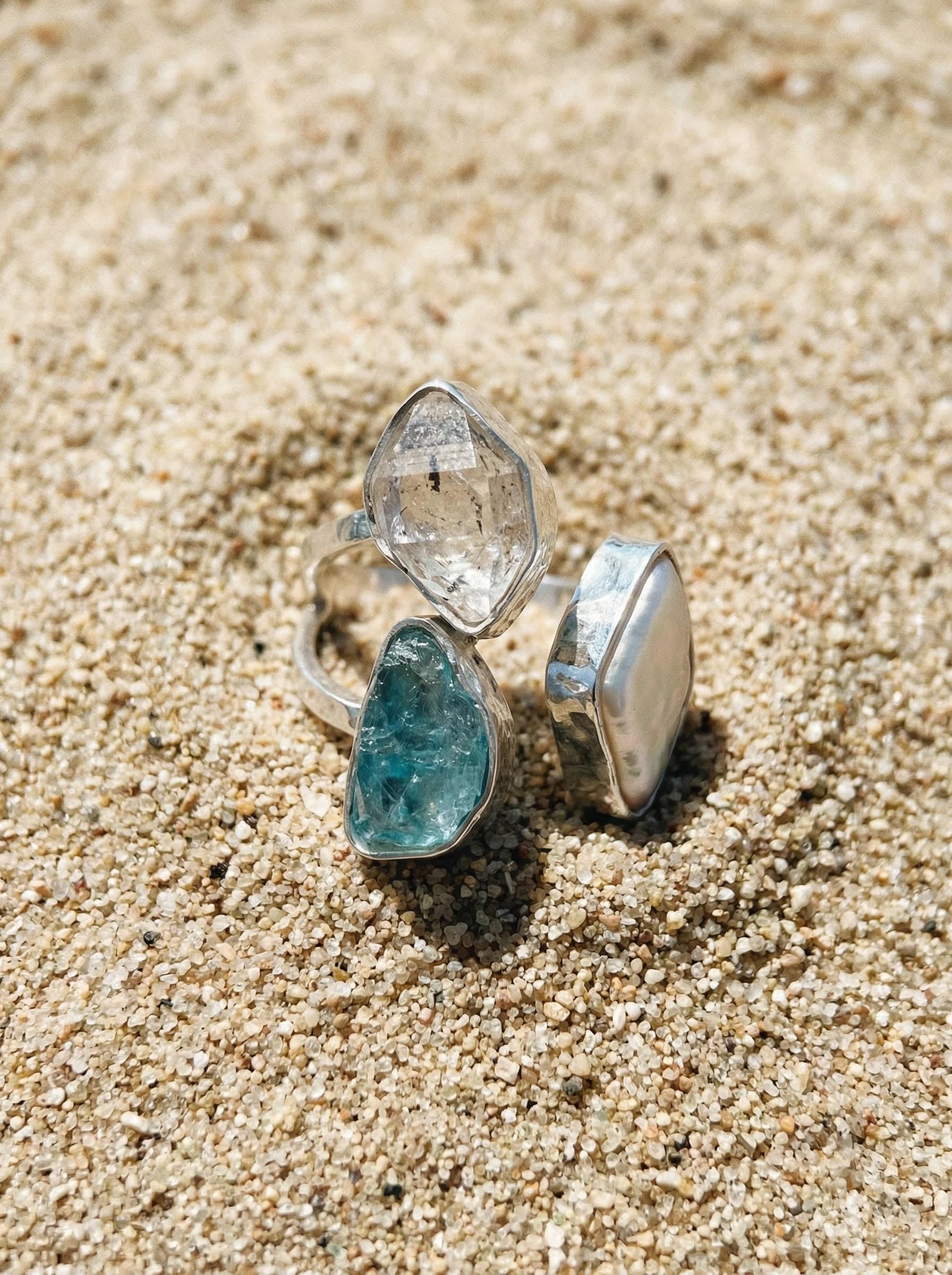 Herkimer Diamond Pearl Blue Apatite Ring 925 Sterling Silver Adjustable Throat Crown Chakra Crystal Gift