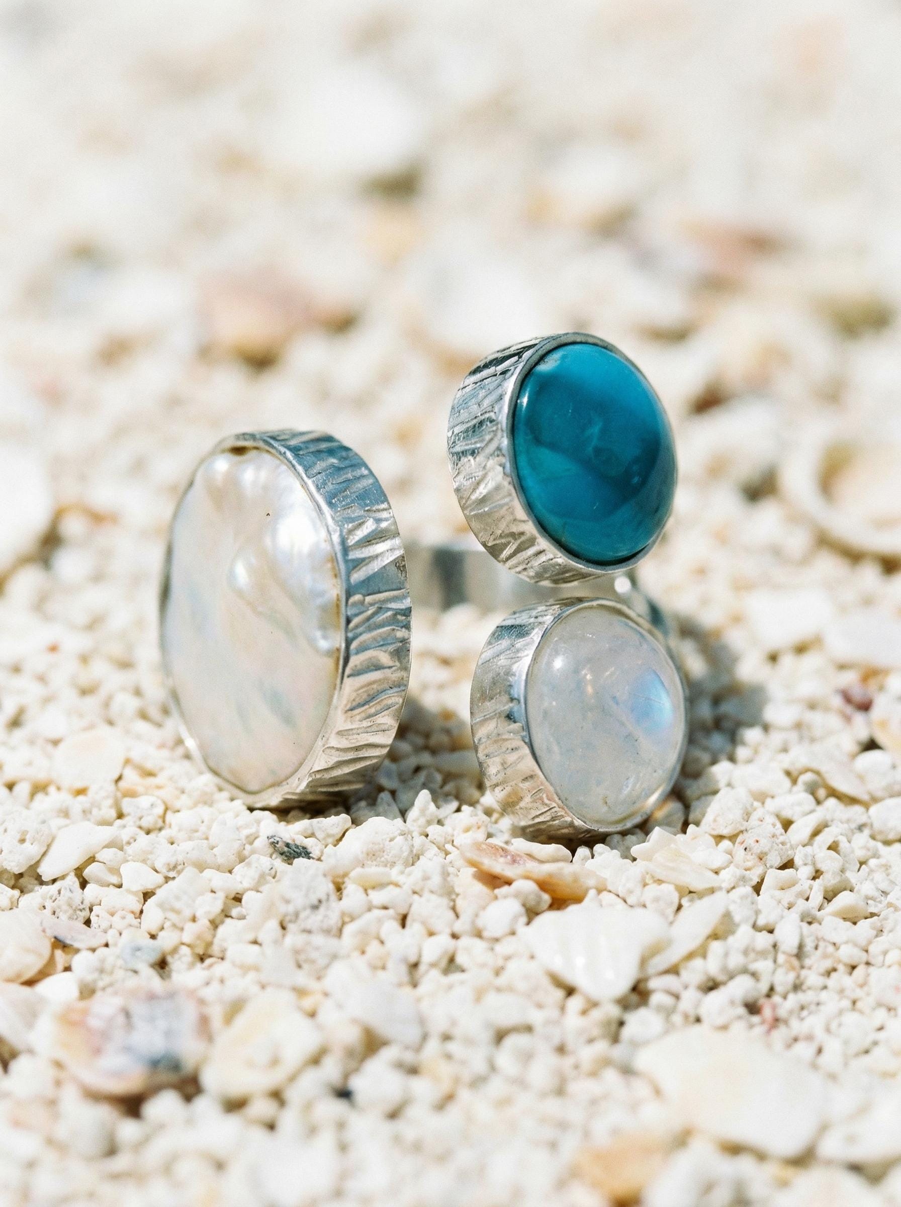 Pearl Larimar Blue Moonstone Multi Stone Ring 925 Sterling Silver Adjustable Open Band Jewelry