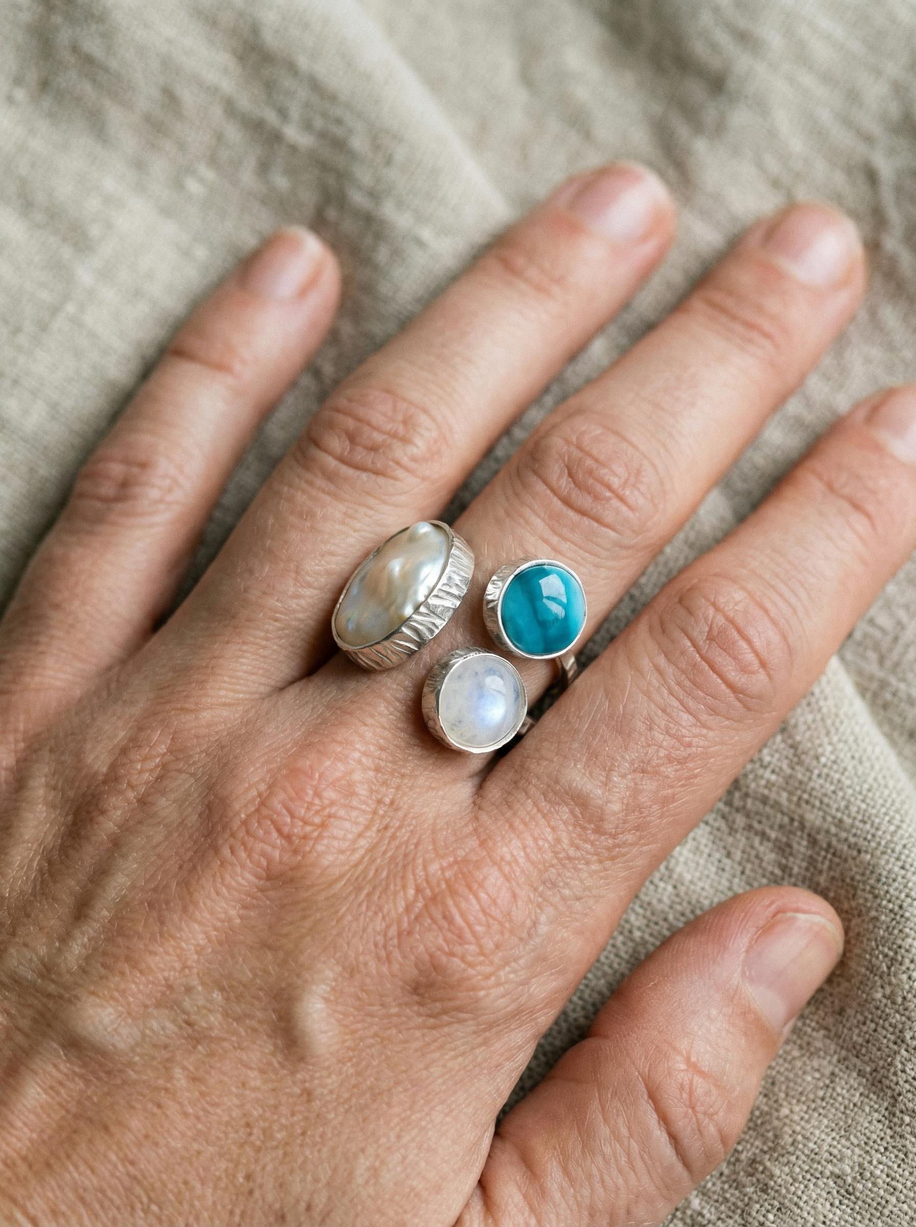 Pearl Larimar Blue Moonstone Multi Stone Ring 925 Sterling Silver Adjustable Open Band Jewelry