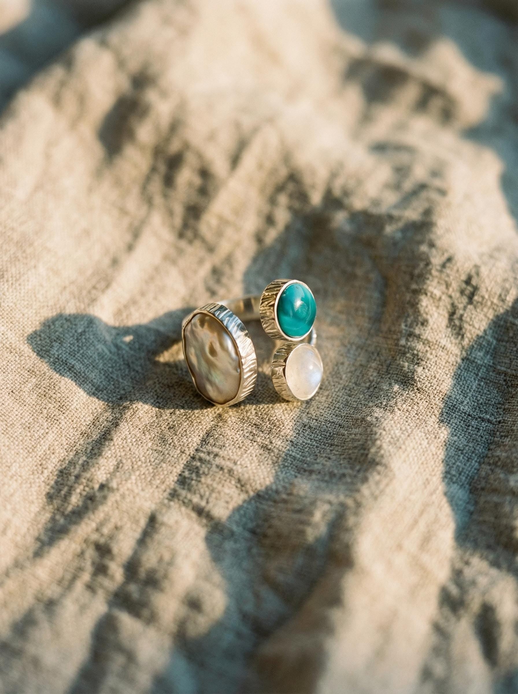 Pearl Larimar Blue Moonstone Multi Stone Ring 925 Sterling Silver Adjustable Open Band Jewelry